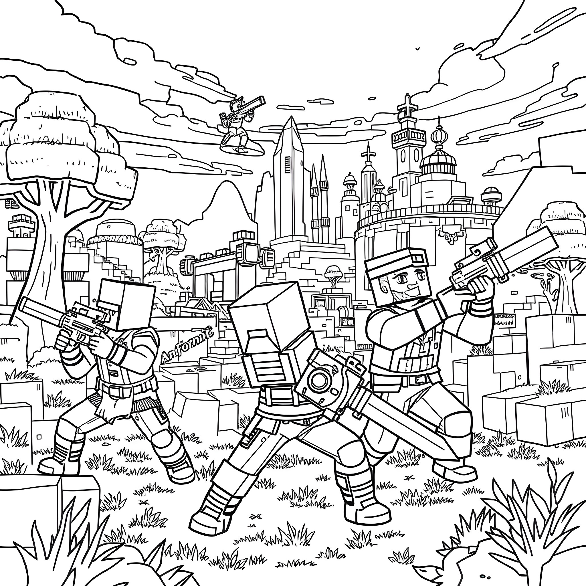 Fortnite battle with robots and futuristic cityscape Coloring Page (free black-and-white line drawing printable PDF for all, from beginners to advanced learners, including children, teens, adults, and seniors)
