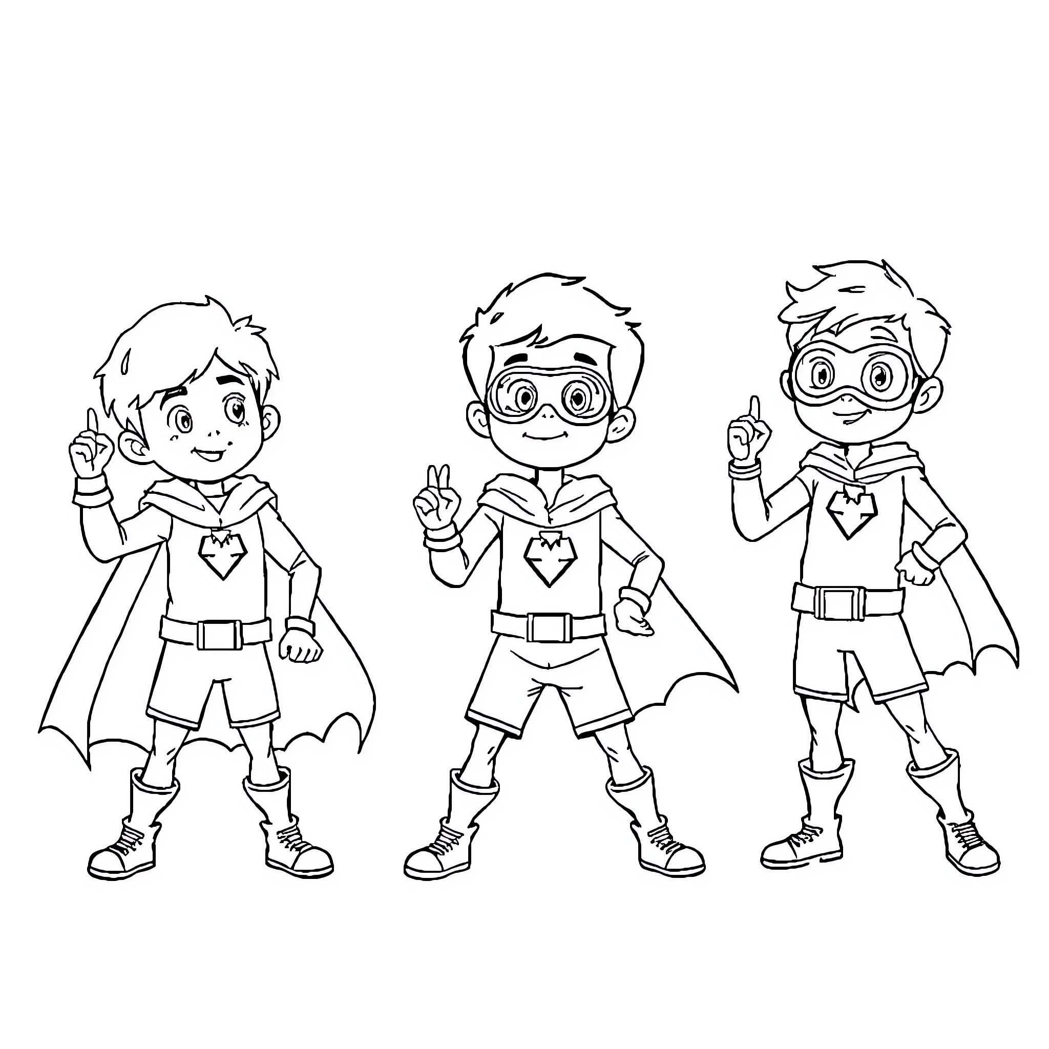 Child superheroes in colorful outfits Coloring Page (free black-and-white line drawing printable PDF for all, from beginners to advanced learners, including children, teens, adults, and seniors)