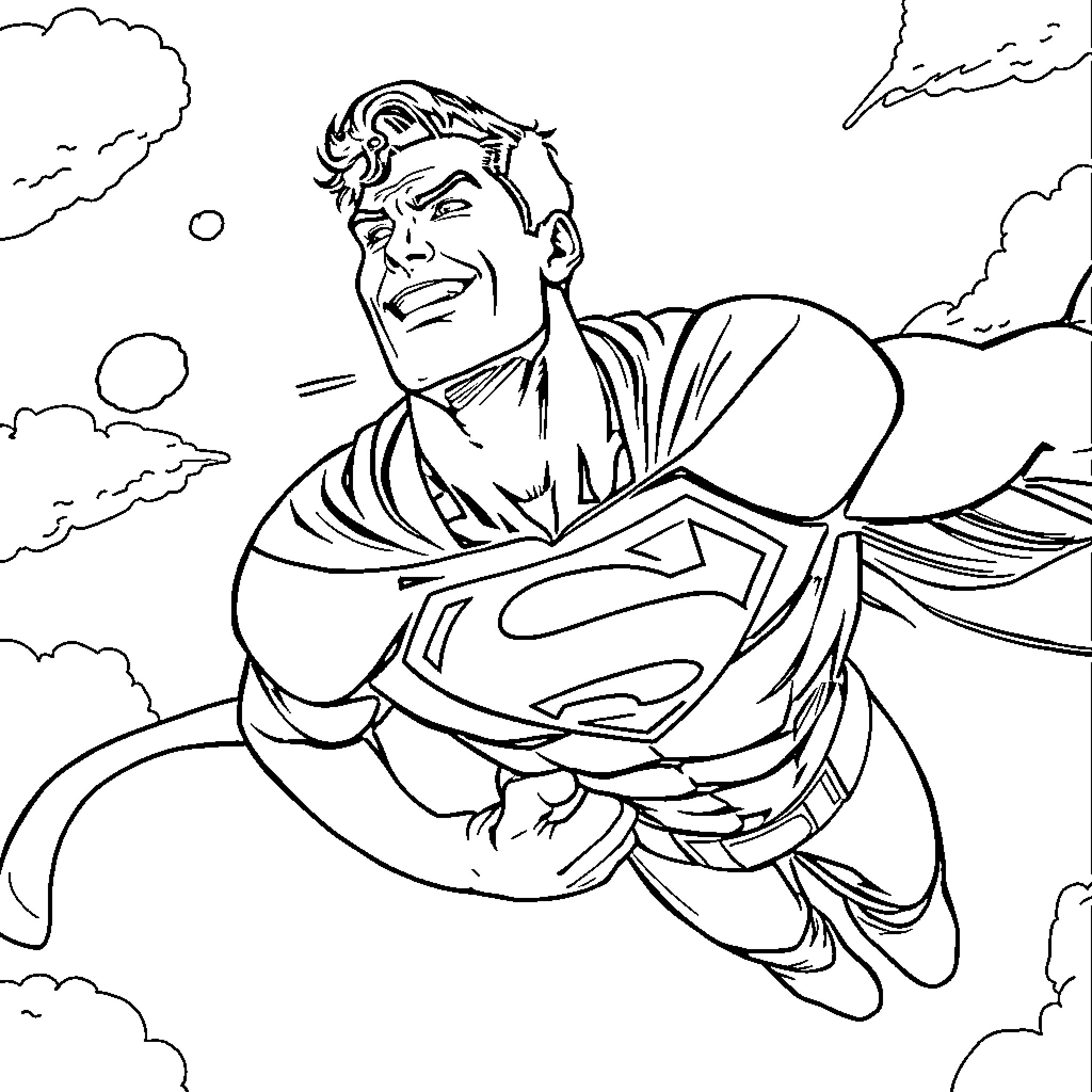 Superman soaring through the sky with determination Coloring Page (free black-and-white line drawing printable PDF for all, from beginners to advanced learners, including children, teens, adults, and seniors)