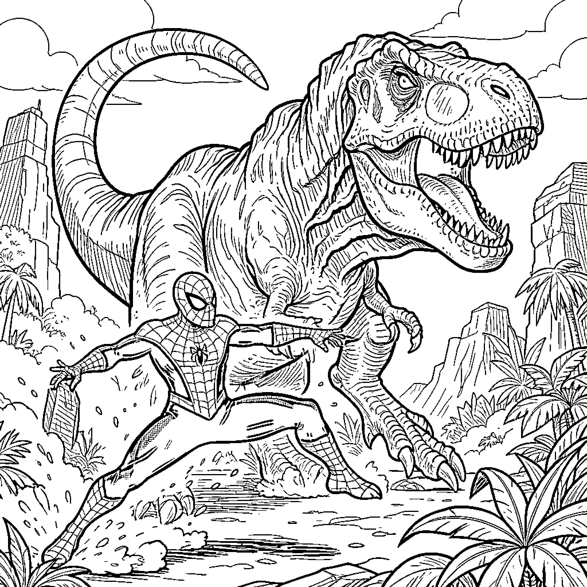 Spiderman battling a large dinosaur in a jungle Coloring Page (free black-and-white line drawing printable PDF for all, from beginners to advanced learners, including children, teens, adults, and seniors)