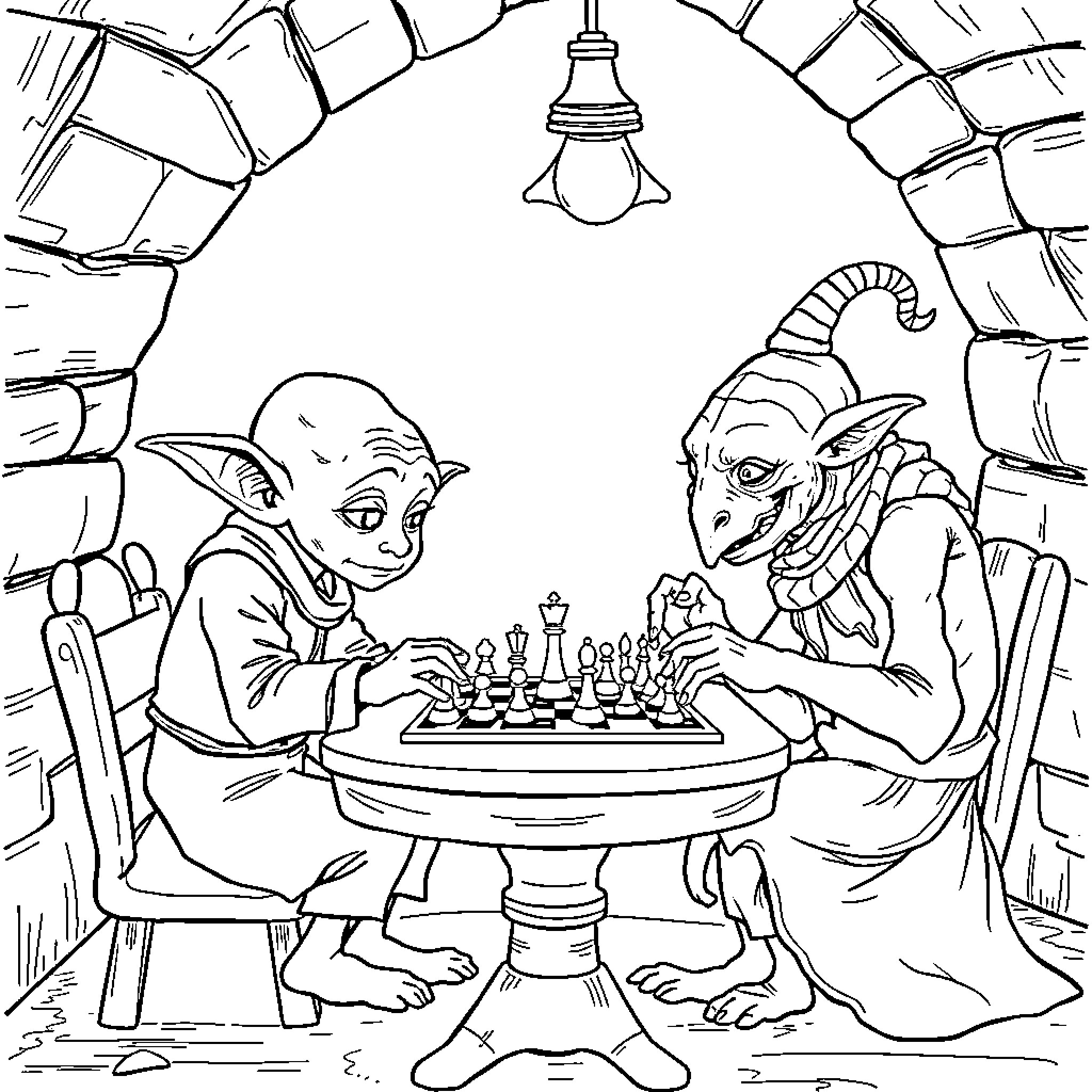 Dobby and His Goblin Friend Play Chess in a Cozy Cave Coloring Page (free black-and-white line drawing printable PDF for all, from beginners to advanced learners, including children, teens, adults, and seniors)