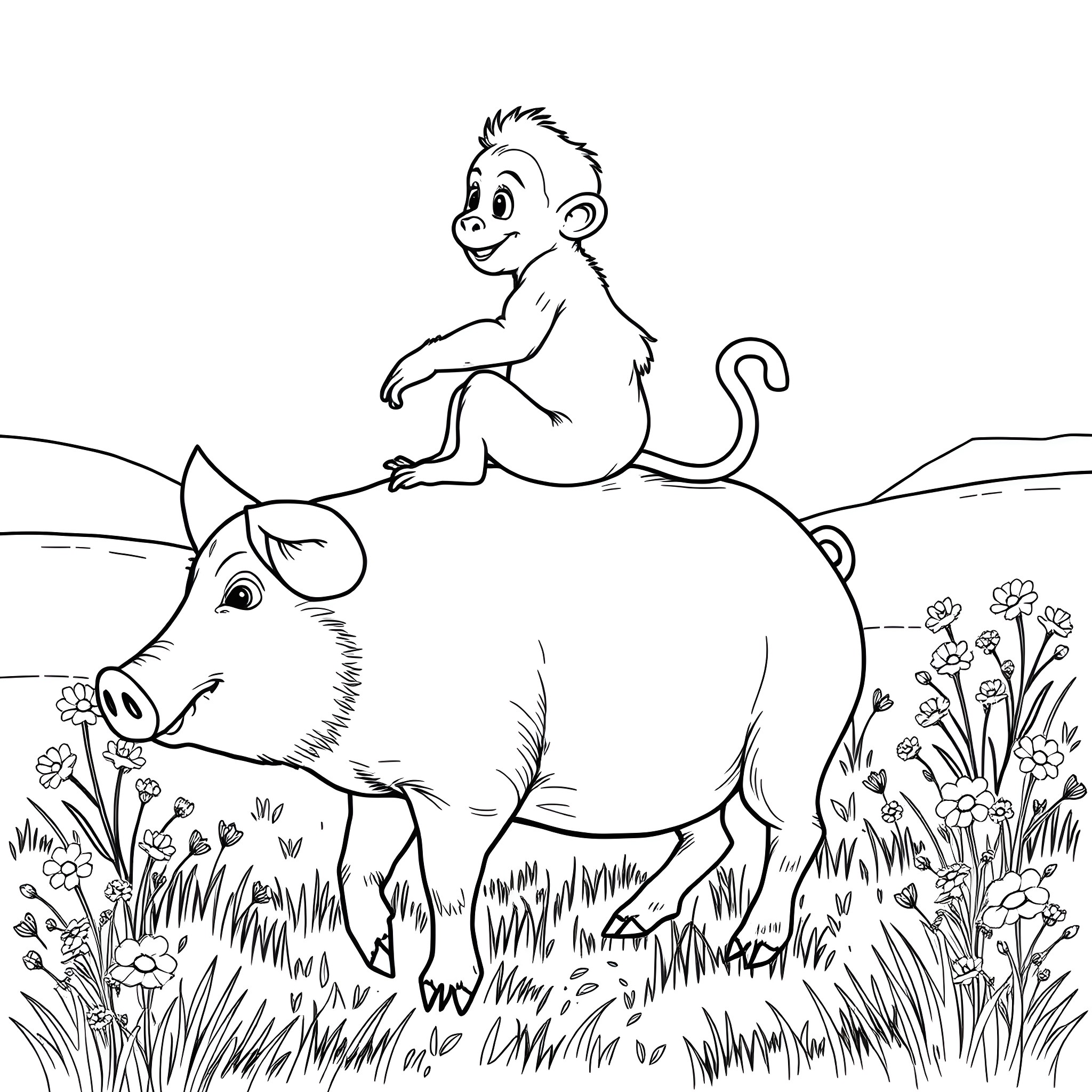 Monkey riding a playful pig in the meadow Coloring Page (free black-and-white line drawing printable PDF for all, from beginners to advanced learners, including children, teens, adults, and seniors)