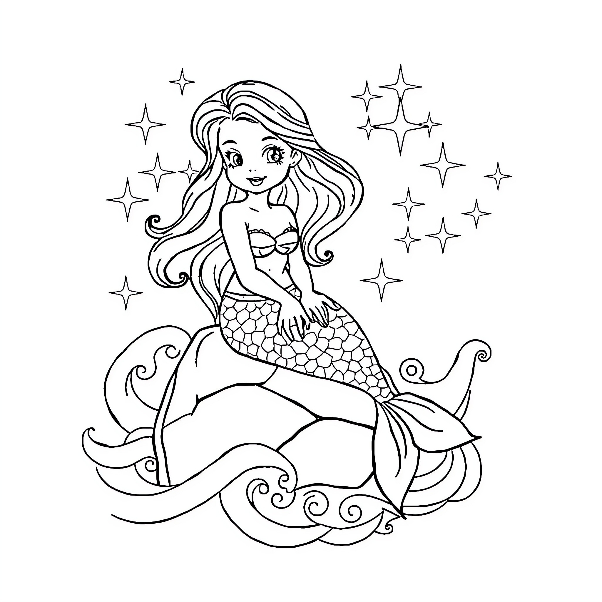 Mermaid posing amidst sparkling stars Coloring Page (free black-and-white line drawing printable PDF for all, from beginners to advanced learners, including children, teens, adults, and seniors)