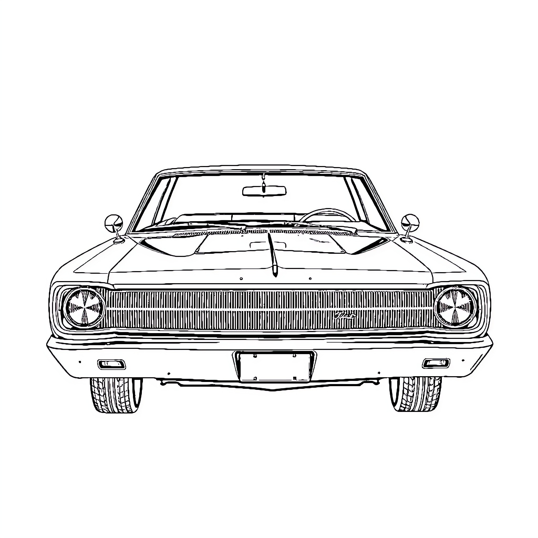 Dodge Coronet classic car front view illustration Coloring Page (free black-and-white line drawing printable PDF for all, from beginners to advanced learners, including children, teens, adults, and seniors)
