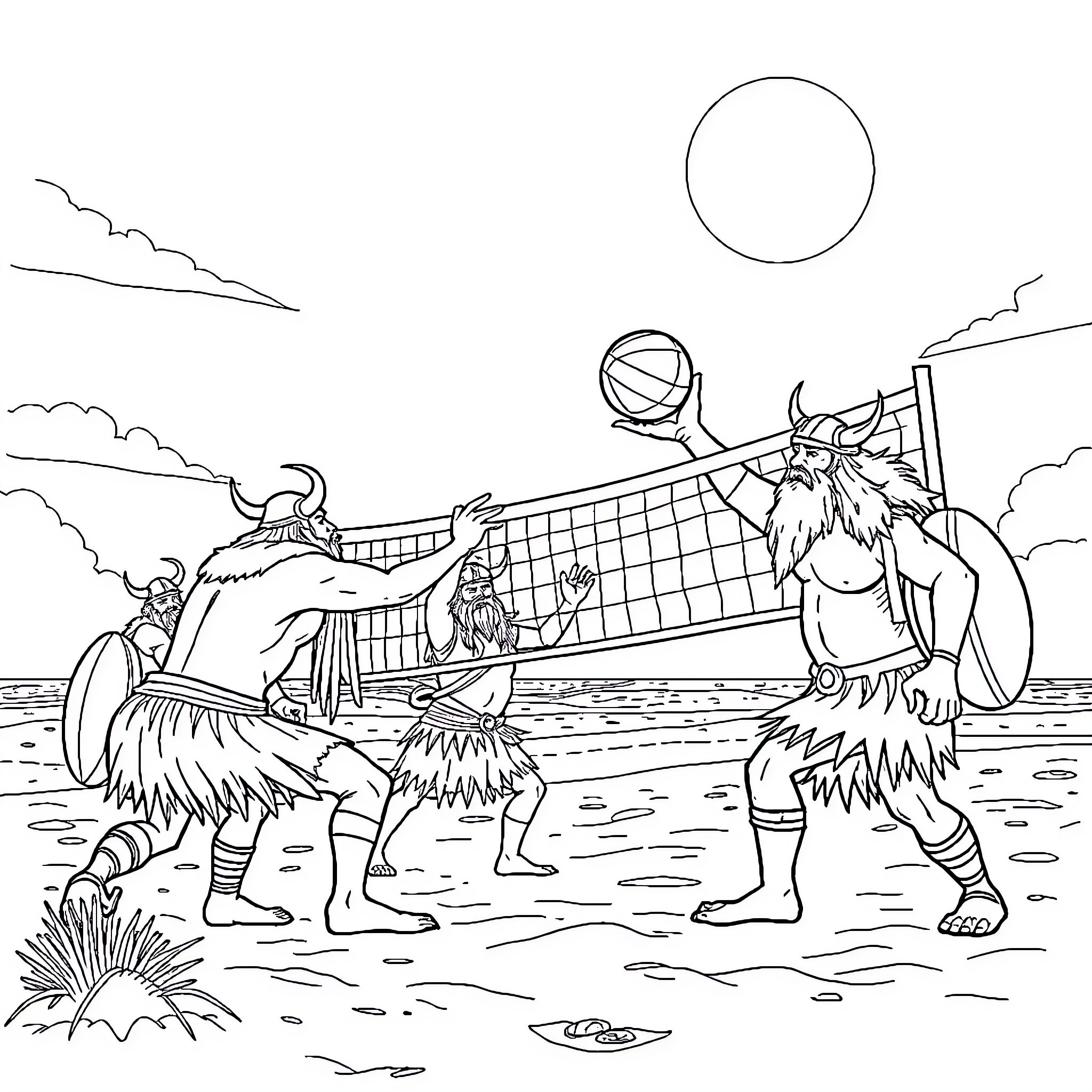 Viking warriors engaging in a spirited ball game on the beach Coloring Page (free black-and-white line drawing printable PDF for all, from beginners to advanced learners, including children, teens, adults, and seniors)