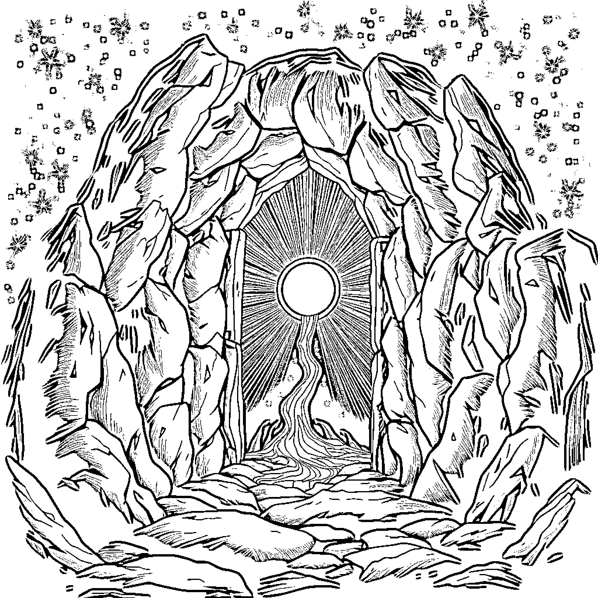 Portal to Mystical Mountain Realm Coloring Page (free black-and-white line drawing printable PDF for all, from beginners to advanced learners, including children, teens, adults, and seniors)
