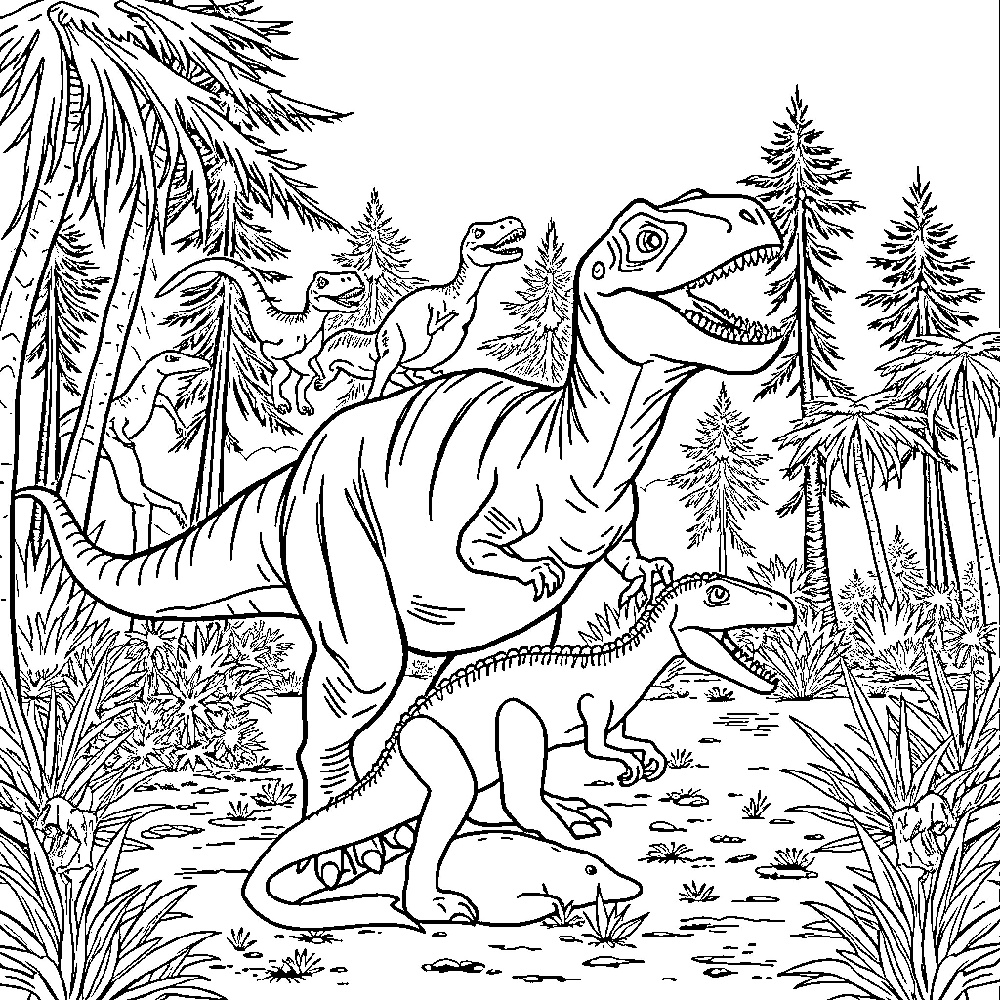 Dinosaur Exploring the Prehistoric Landscape Coloring Page (free black-and-white line drawing printable PDF for all, from beginners to advanced learners, including children, teens, adults, and seniors)