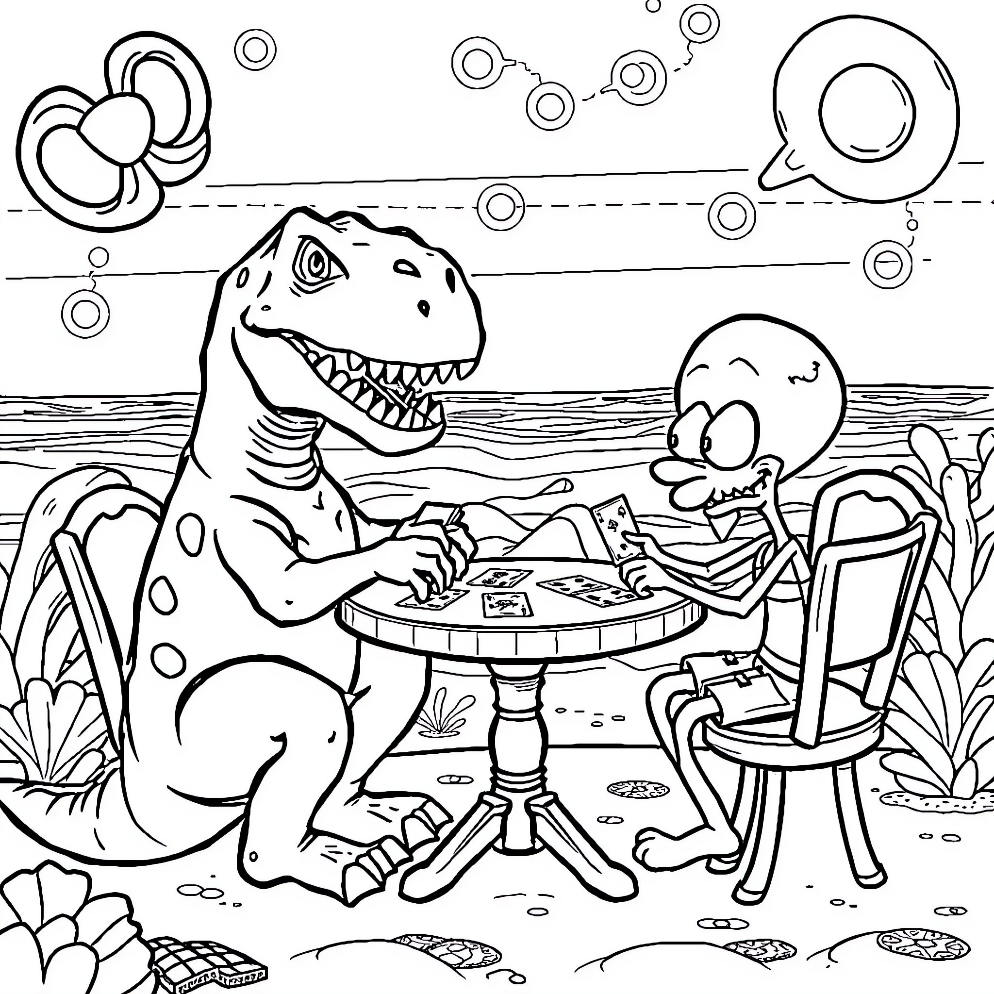 T-Rex playing cards with friendly monster in nature Coloring Page (free black-and-white line drawing printable PDF for all, from beginners to advanced learners, including children, teens, adults, and seniors)