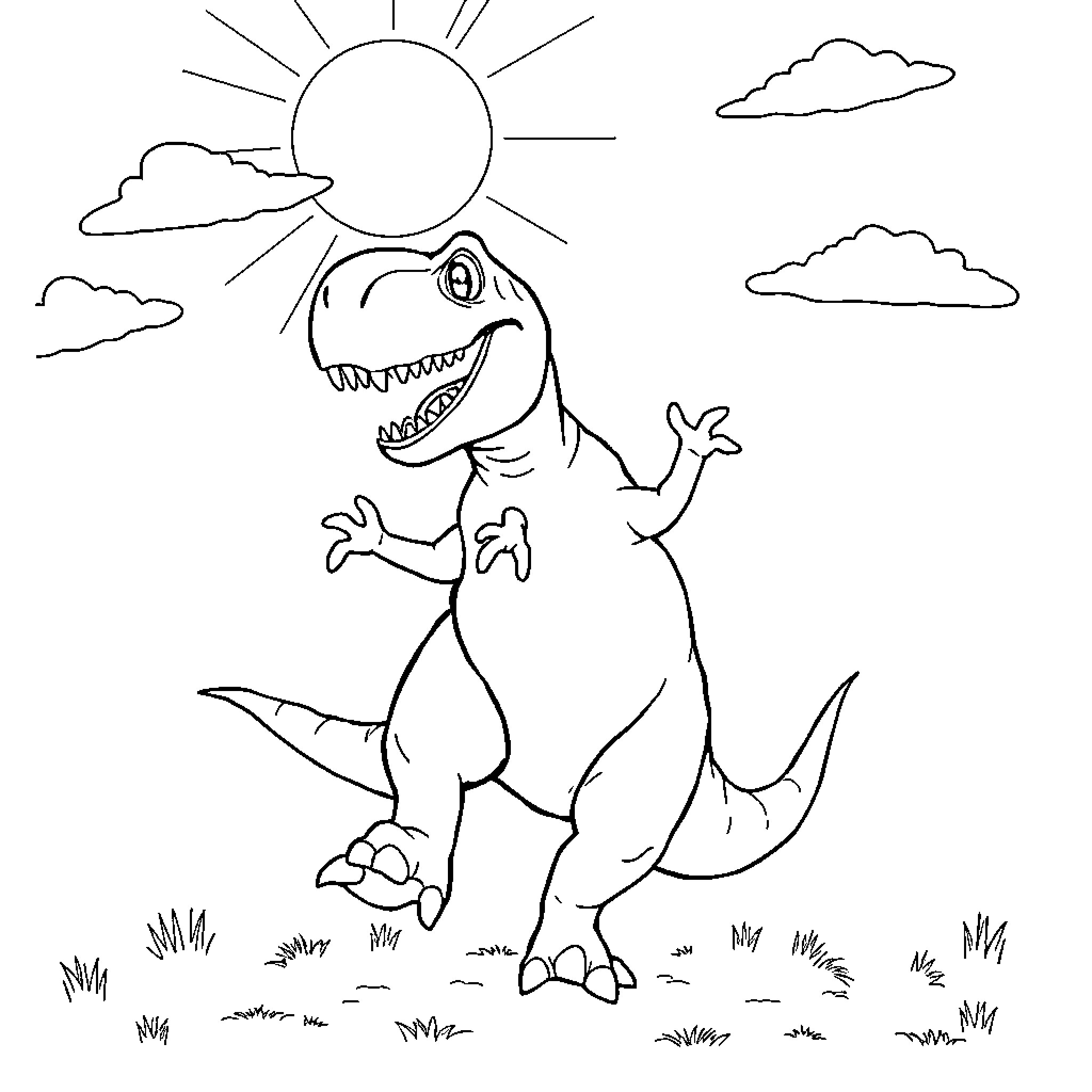 T-Rex enjoying the sunny day Coloring Page (free black-and-white line drawing printable PDF for all, from beginners to advanced learners, including children, teens, adults, and seniors)