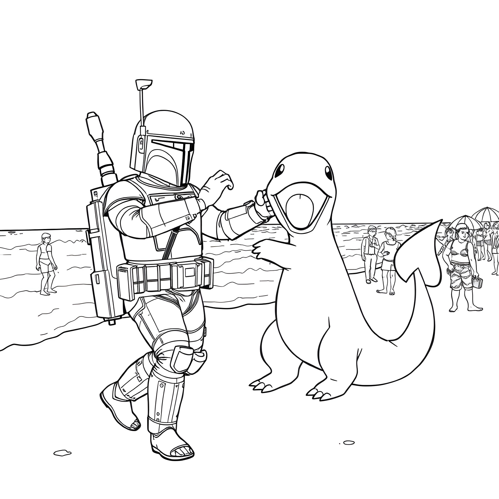 Boba Fett interacting with a playful droid on a desert planet Coloring Page (free black-and-white line drawing printable PDF for all, from beginners to advanced learners, including children, teens, adults, and seniors)