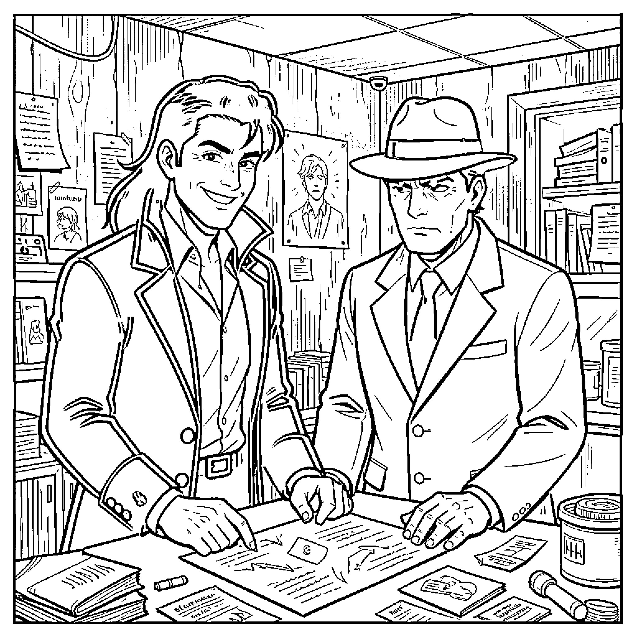 Lucifer and a detective examining documents together Coloring Page (free black-and-white line drawing printable PDF for all, from beginners to advanced learners, including children, teens, adults, and seniors)