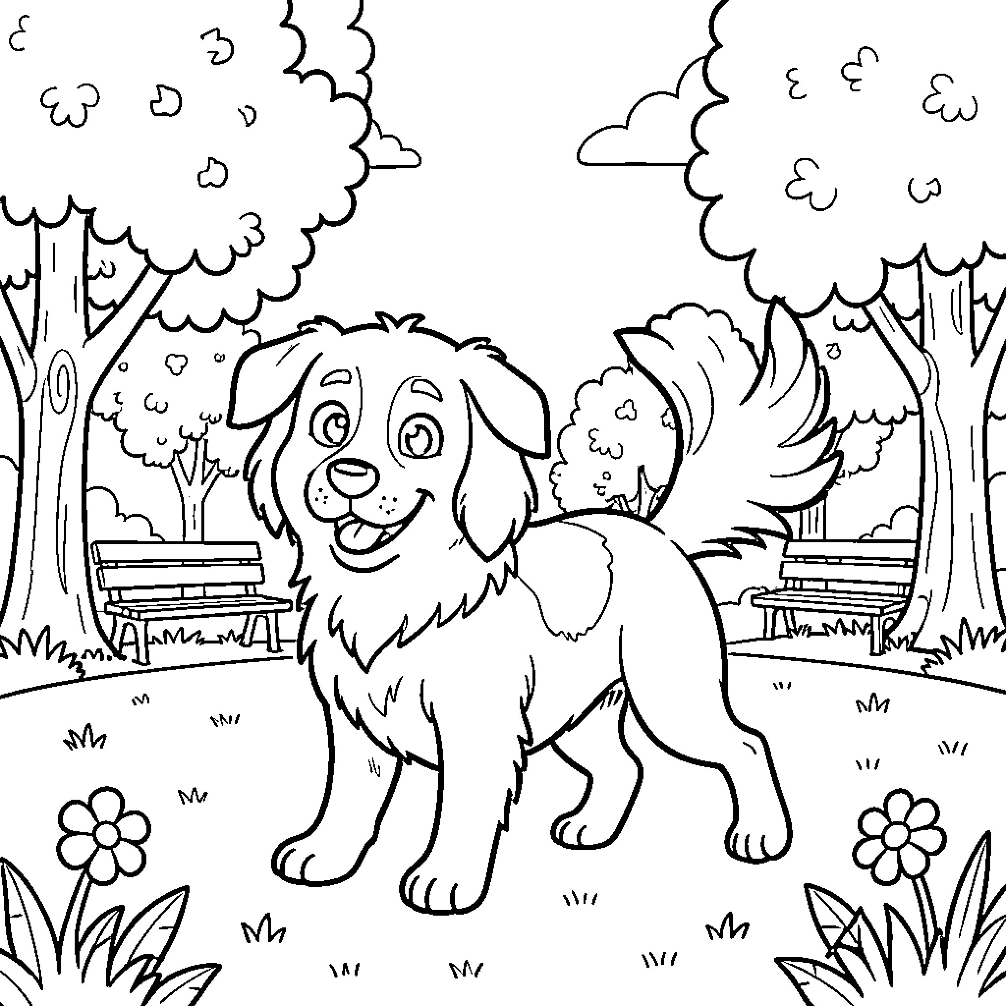 Dog playing happily in the park Coloring Page (free black-and-white line drawing printable PDF for all, from beginners to advanced learners, including children, teens, adults, and seniors)
