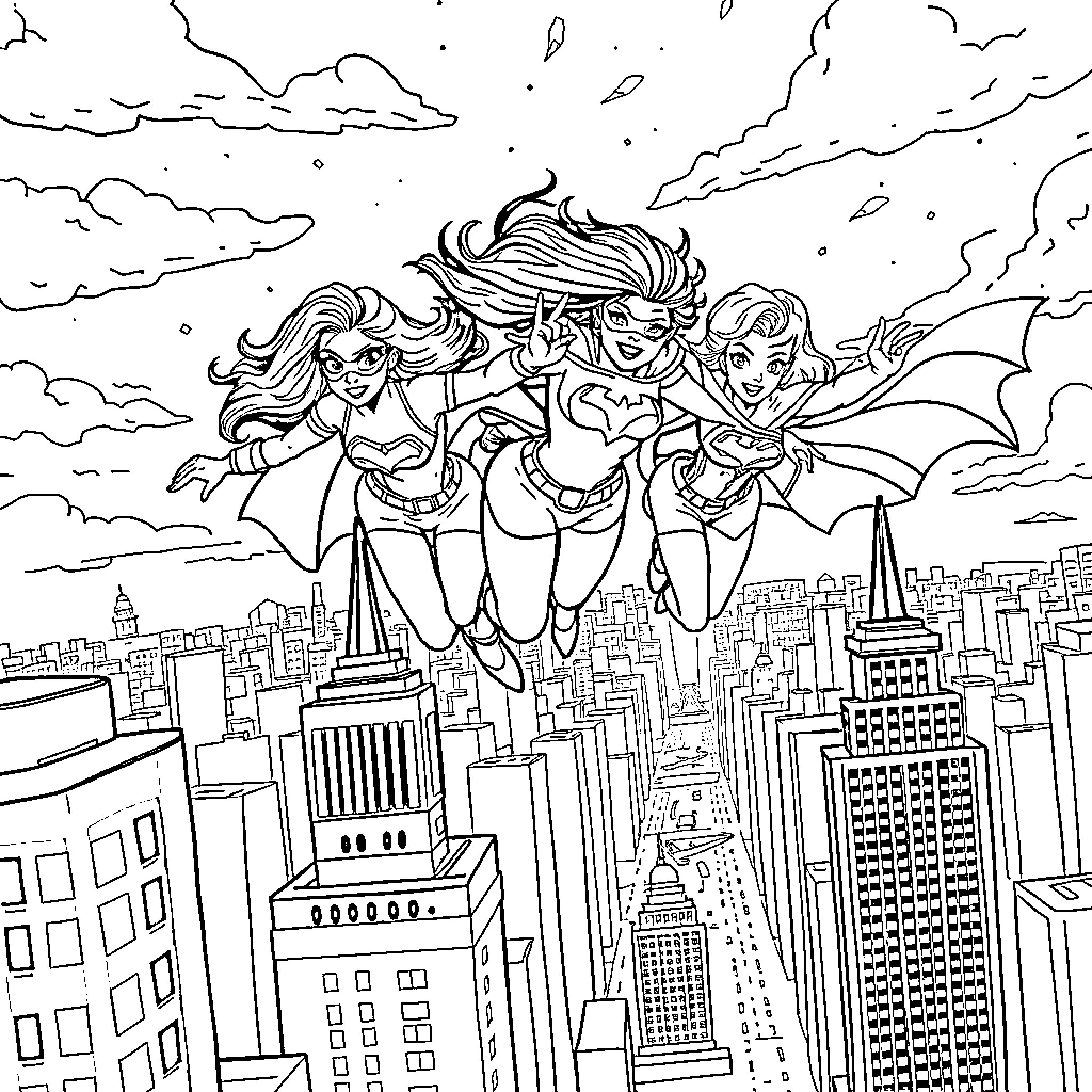 Powerpuff Girls soaring over the city Coloring Page (free black-and-white line drawing printable PDF for all, from beginners to advanced learners, including children, teens, adults, and seniors)