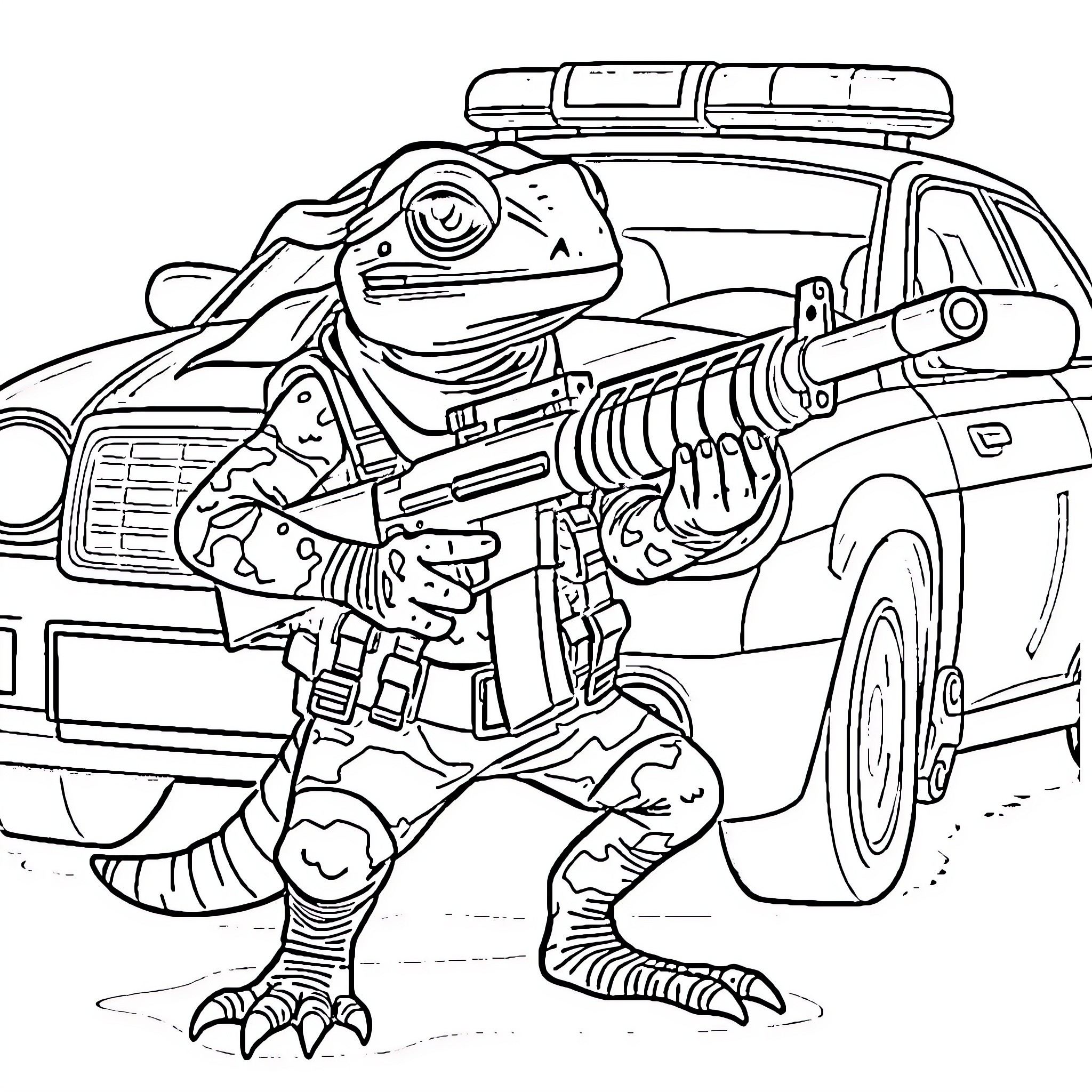 Lizard law enforcement officer with tactical gear Coloring Page (free black-and-white line drawing printable PDF for all, from beginners to advanced learners, including children, teens, adults, and seniors)