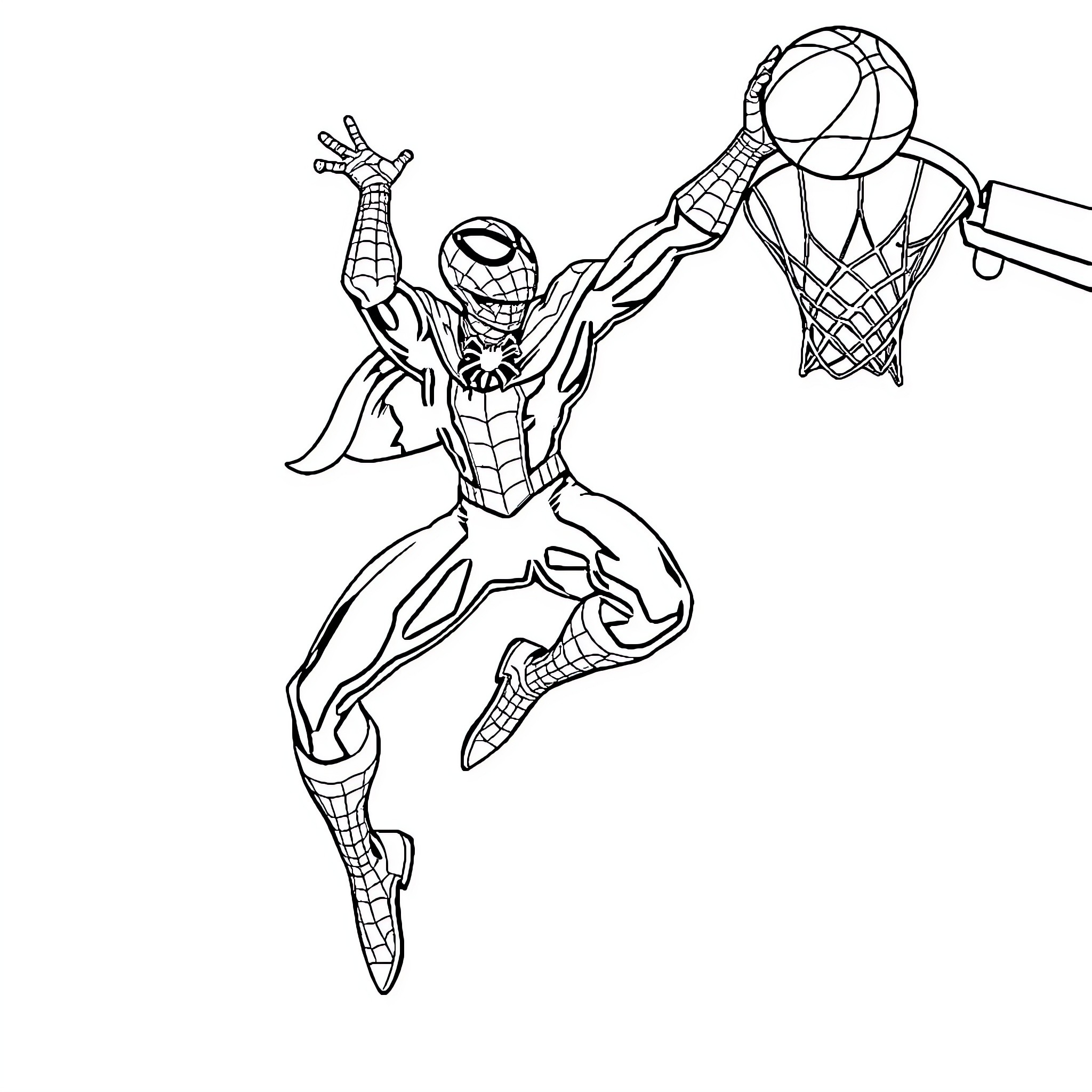 Spiderman dunking basketball in the net Coloring Page (free black-and-white line drawing printable PDF for all, from beginners to advanced learners, including children, teens, adults, and seniors)