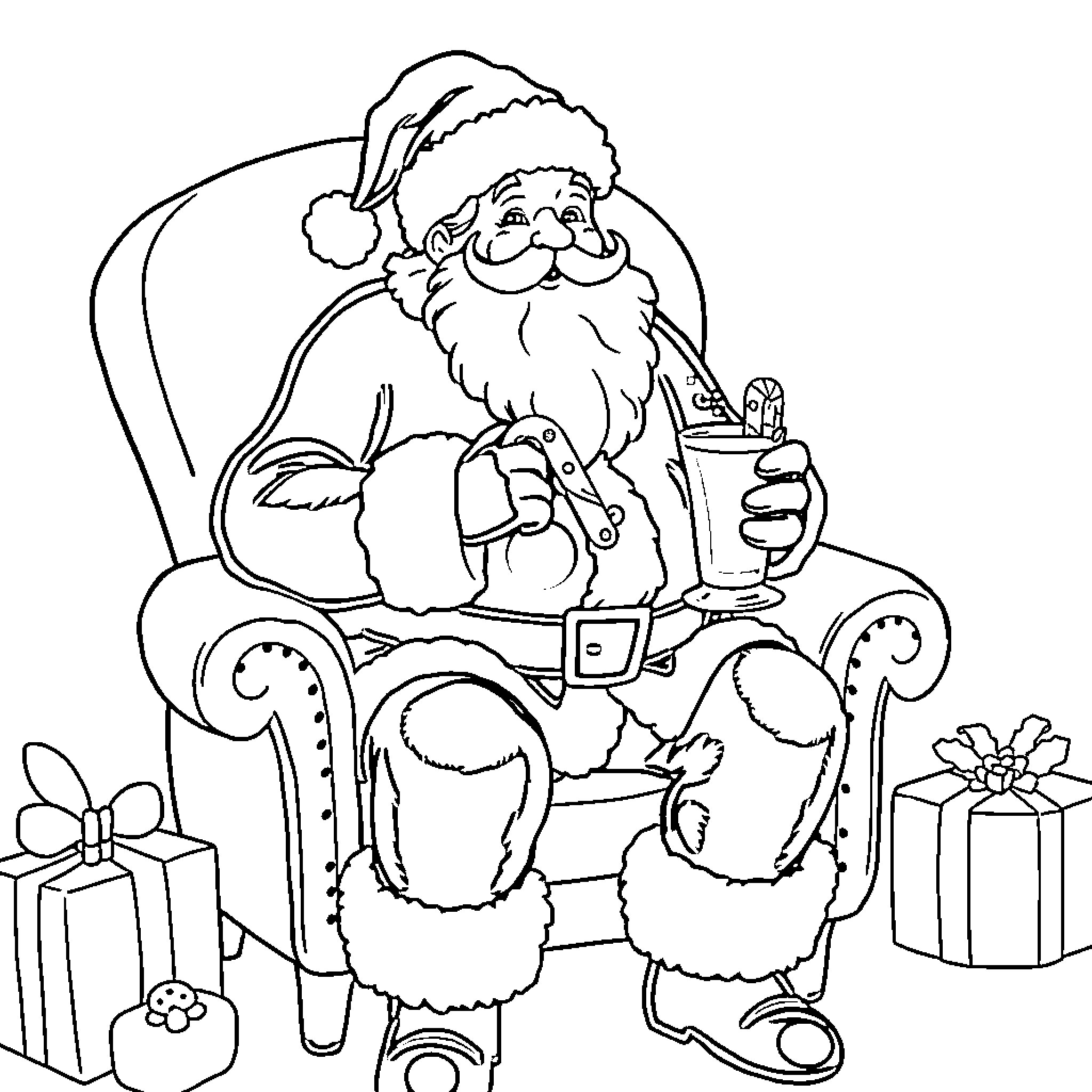 Santa enjoying a cup of cocoa by the fireplace Coloring Page (free black-and-white line drawing printable PDF for all, from beginners to advanced learners, including children, teens, adults, and seniors)