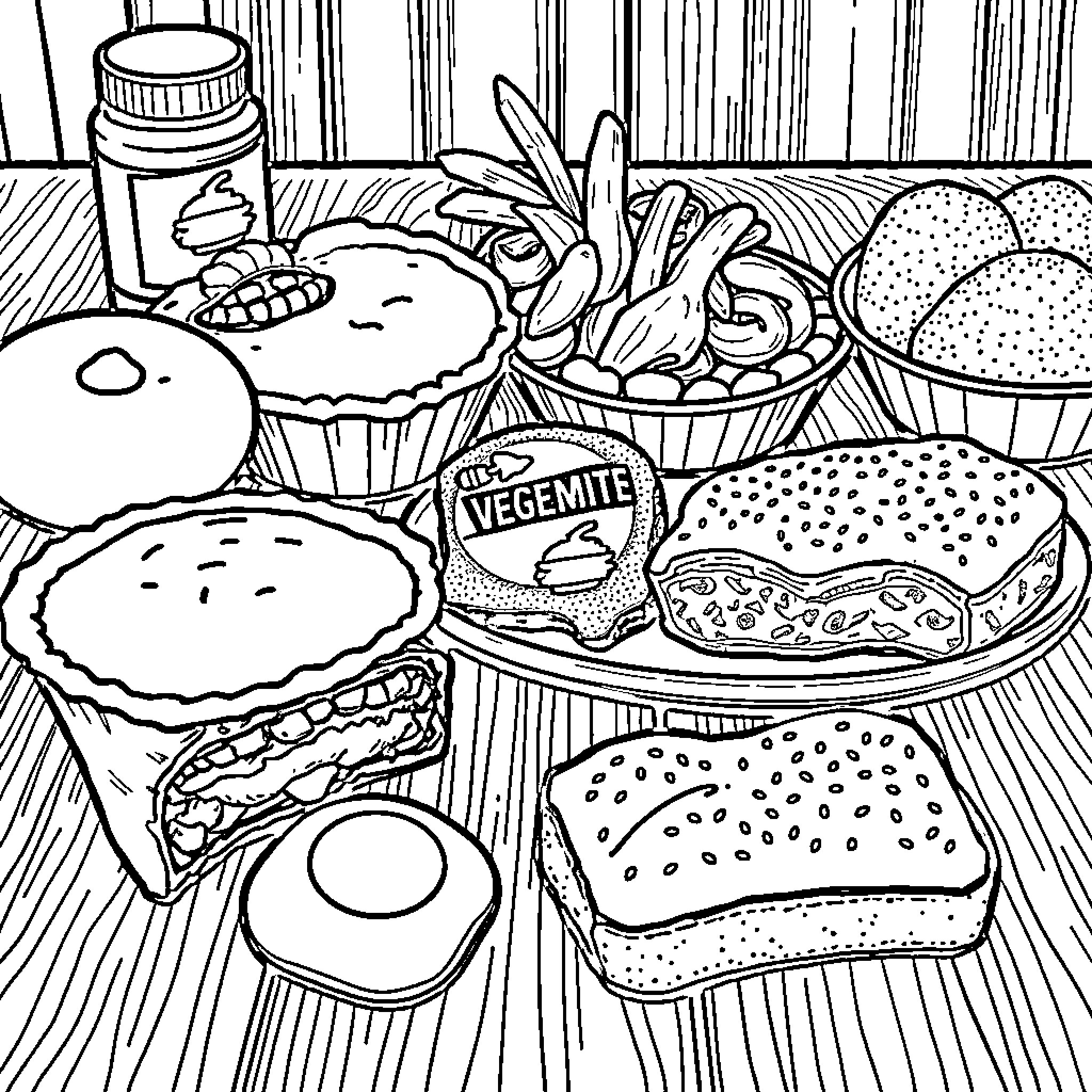 Food items on a cluttered wooden table Coloring Page (free black-and-white line drawing printable PDF for all, from beginners to advanced learners, including children, teens, adults, and seniors)