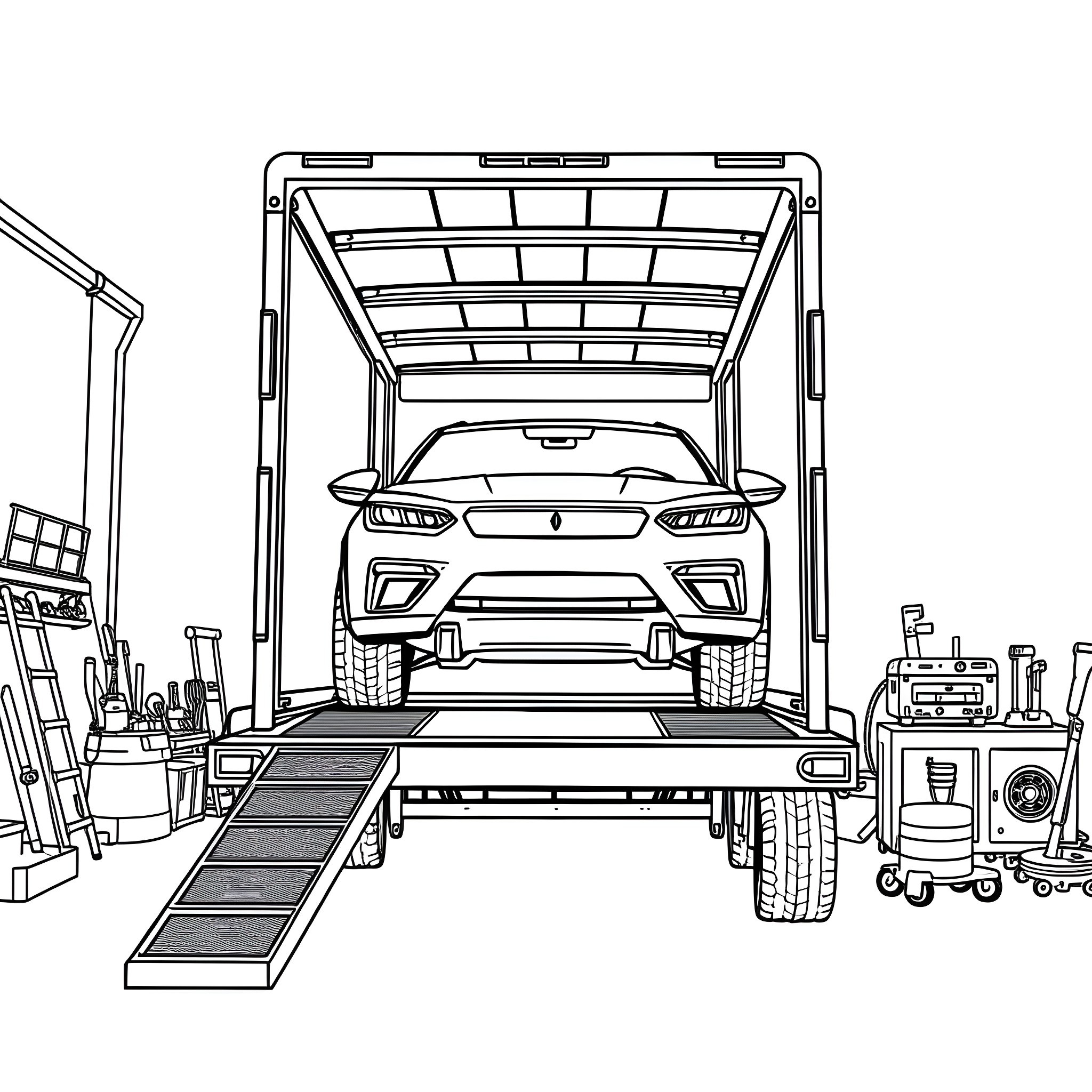 Car Trailer Loading Garage Scene Coloring Page (free black-and-white line drawing printable PDF for all, from beginners to advanced learners, including children, teens, adults, and seniors)