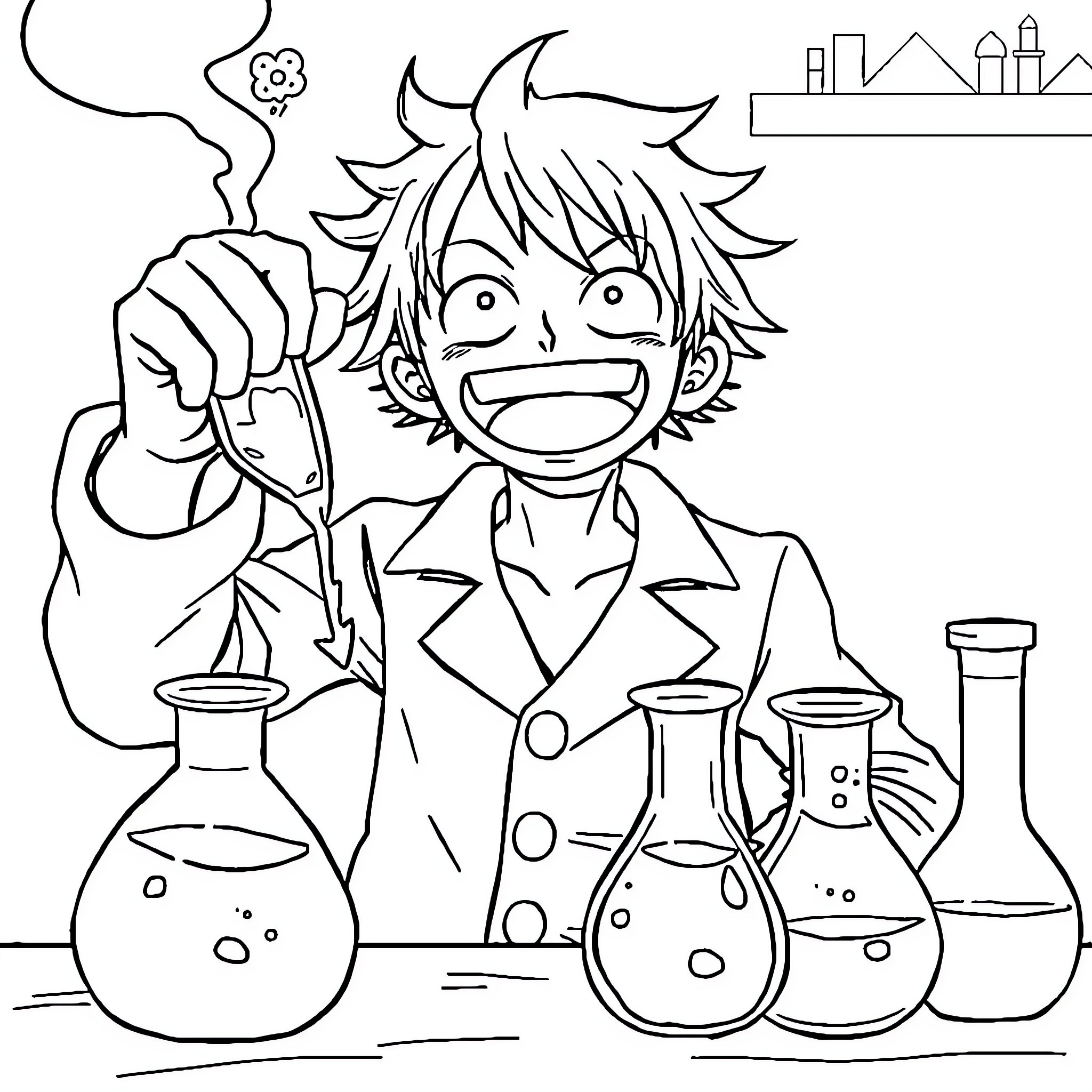Luffy's Exhilarating Chemistry Experiment Coloring Page (free black-and-white line drawing printable PDF for all, from beginners to advanced learners, including children, teens, adults, and seniors)