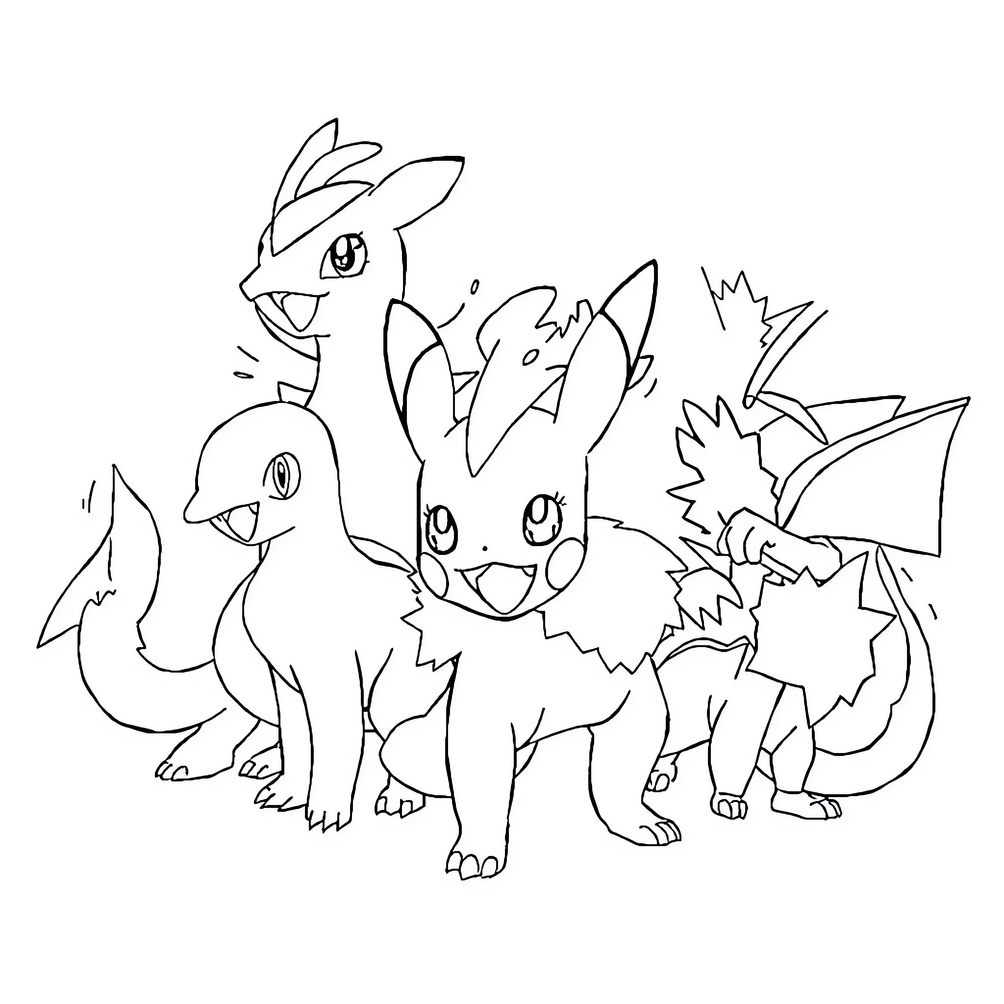 Pokémon characters in playful poses Coloring Page (free black-and-white line drawing printable PDF for all, from beginners to advanced learners, including children, teens, adults, and seniors)