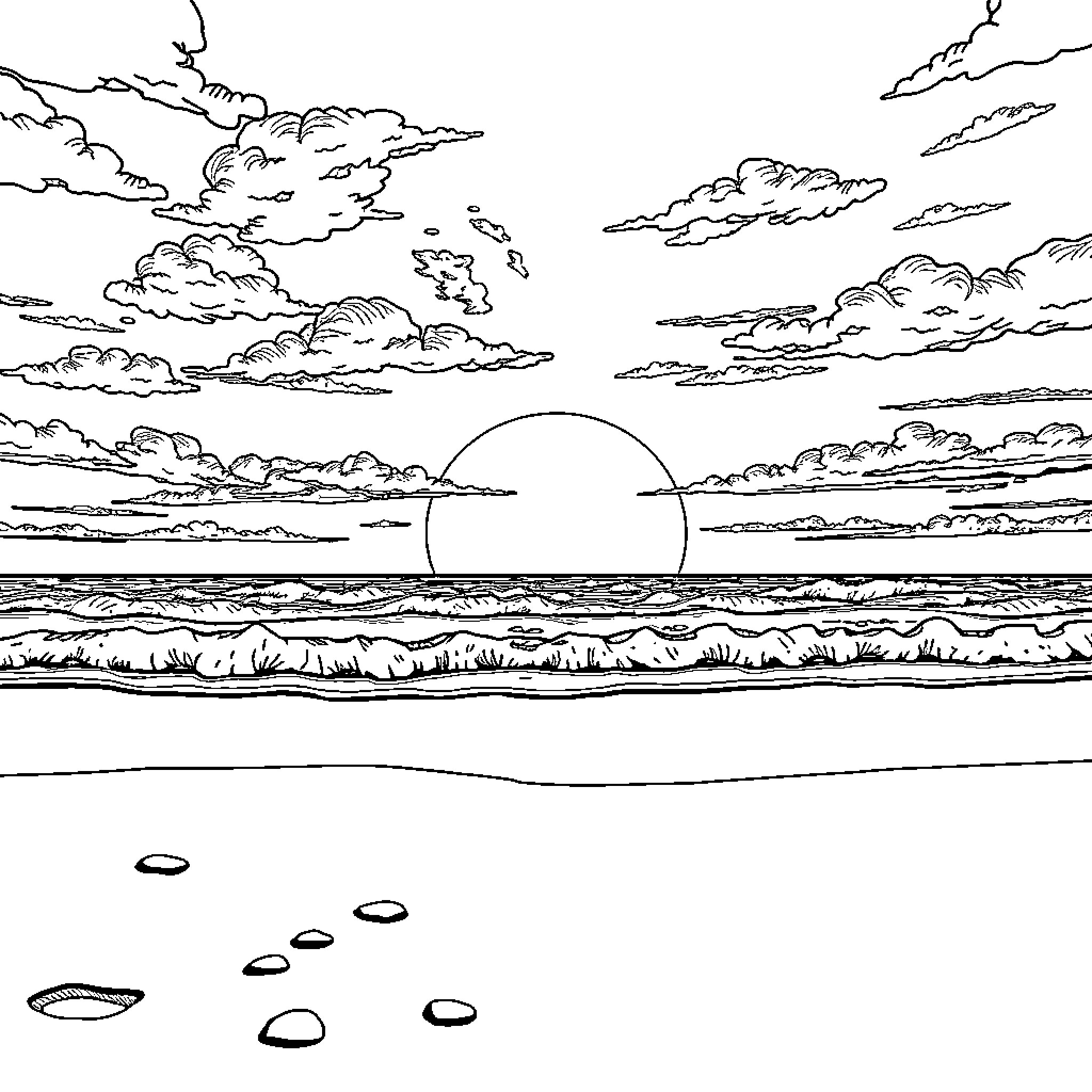 Sunset over the ocean with clouds Coloring Page (free black-and-white line drawing printable PDF for all, from beginners to advanced learners, including children, teens, adults, and seniors)