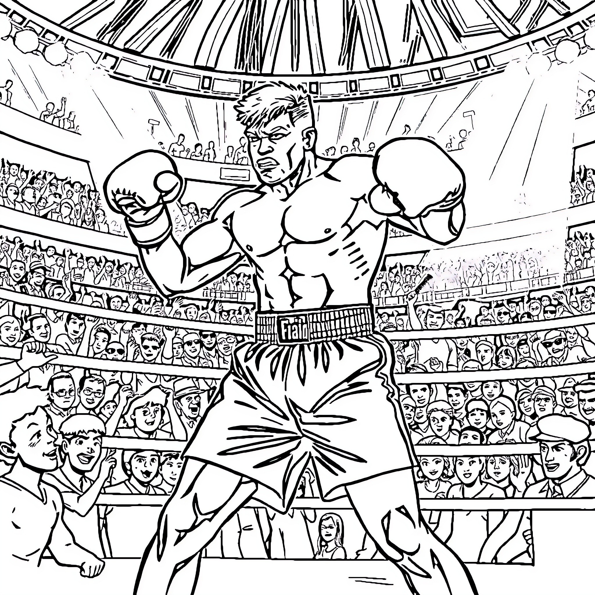 Boxer celebrating victory in a boxing match Coloring Page (free black-and-white line drawing printable PDF for all, from beginners to advanced learners, including children, teens, adults, and seniors)