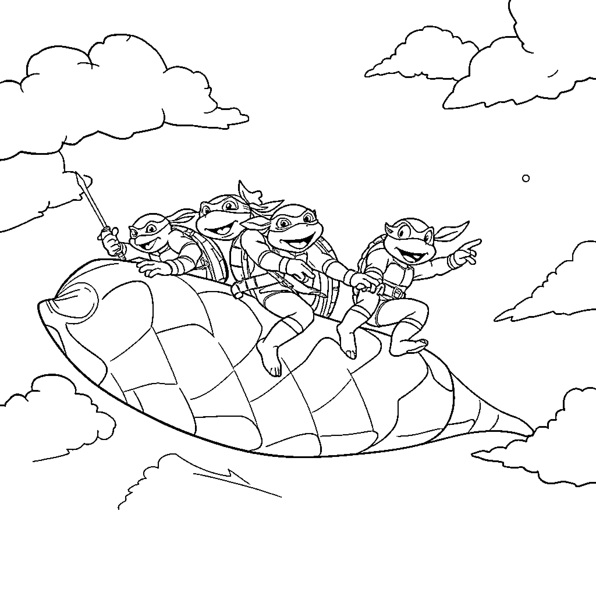 Teenage Mutant Ninja Turtles riding a flying vehicle in the clouds Coloring Page (free black-and-white line drawing printable PDF for all, from beginners to advanced learners, including children, teens, adults, and seniors)