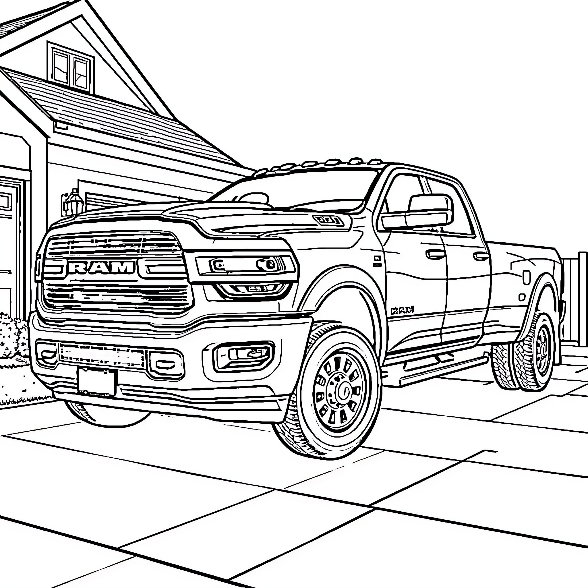 Ram pickup truck with large front grille in driveway Coloring Page (free black-and-white line drawing printable PDF for all, from beginners to advanced learners, including children, teens, adults, and seniors)
