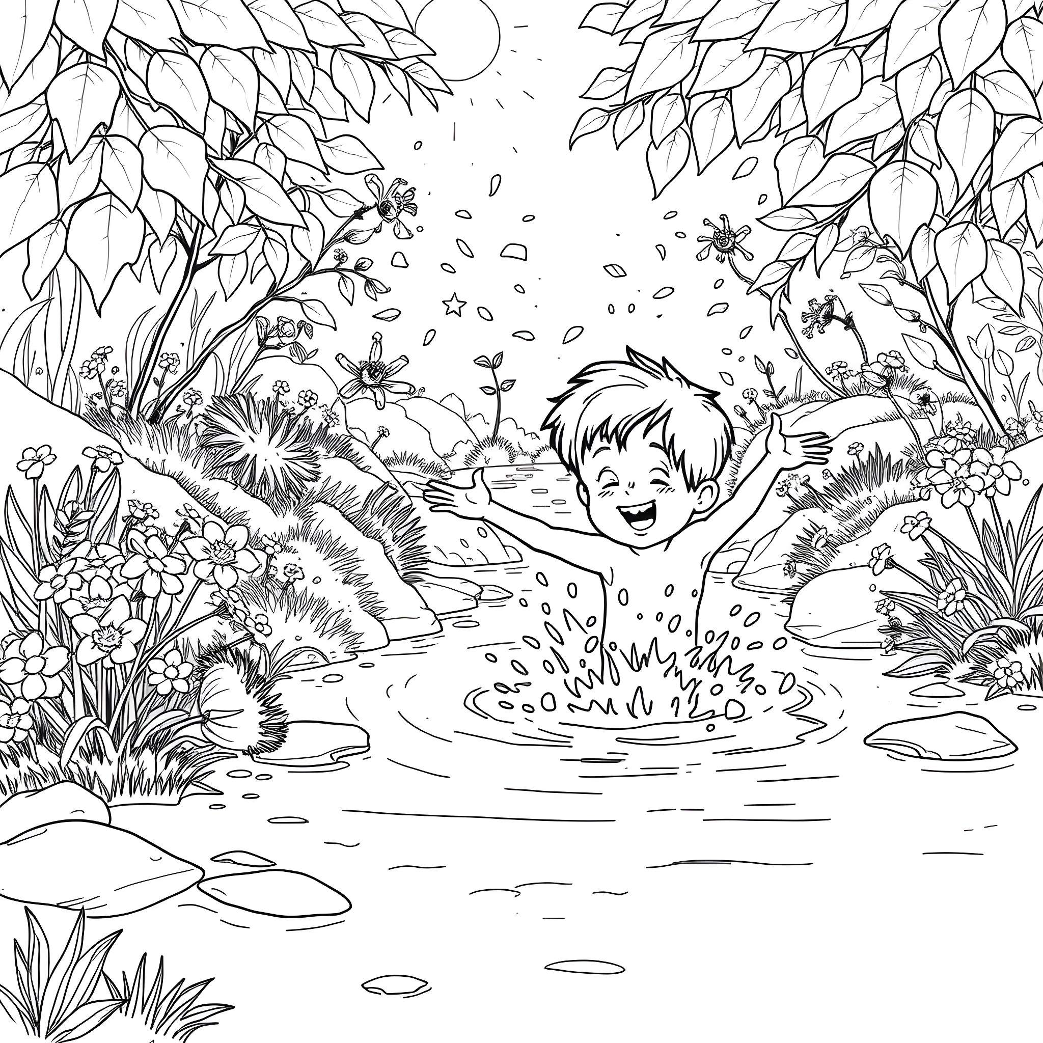 Boy joyfully splashing in a forest stream Coloring Page (free black-and-white line drawing printable PDF for all, from beginners to advanced learners, including children, teens, adults, and seniors)