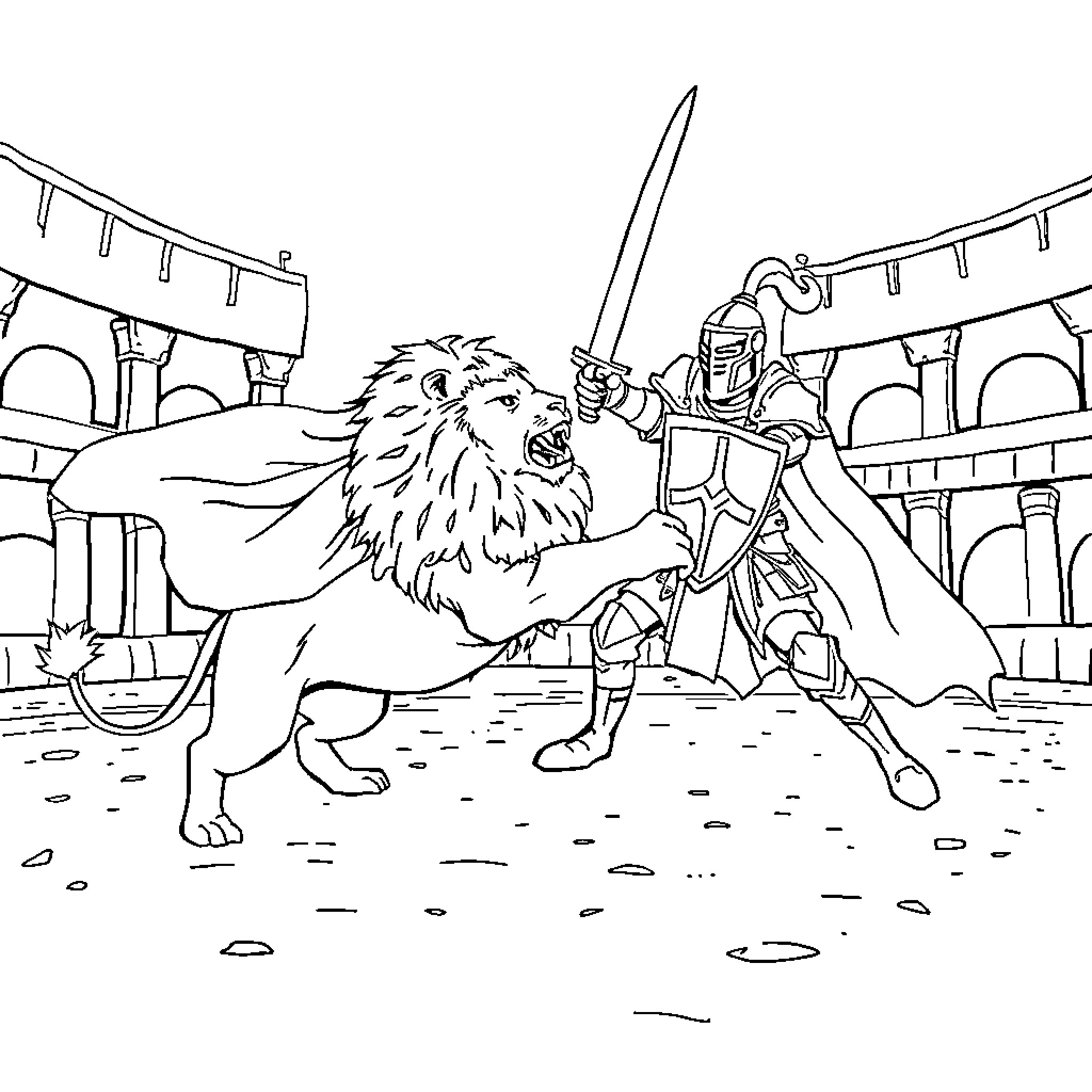 Knight battles ferocious lion in arena Coloring Page (free black-and-white line drawing printable PDF for all, from beginners to advanced learners, including children, teens, adults, and seniors)