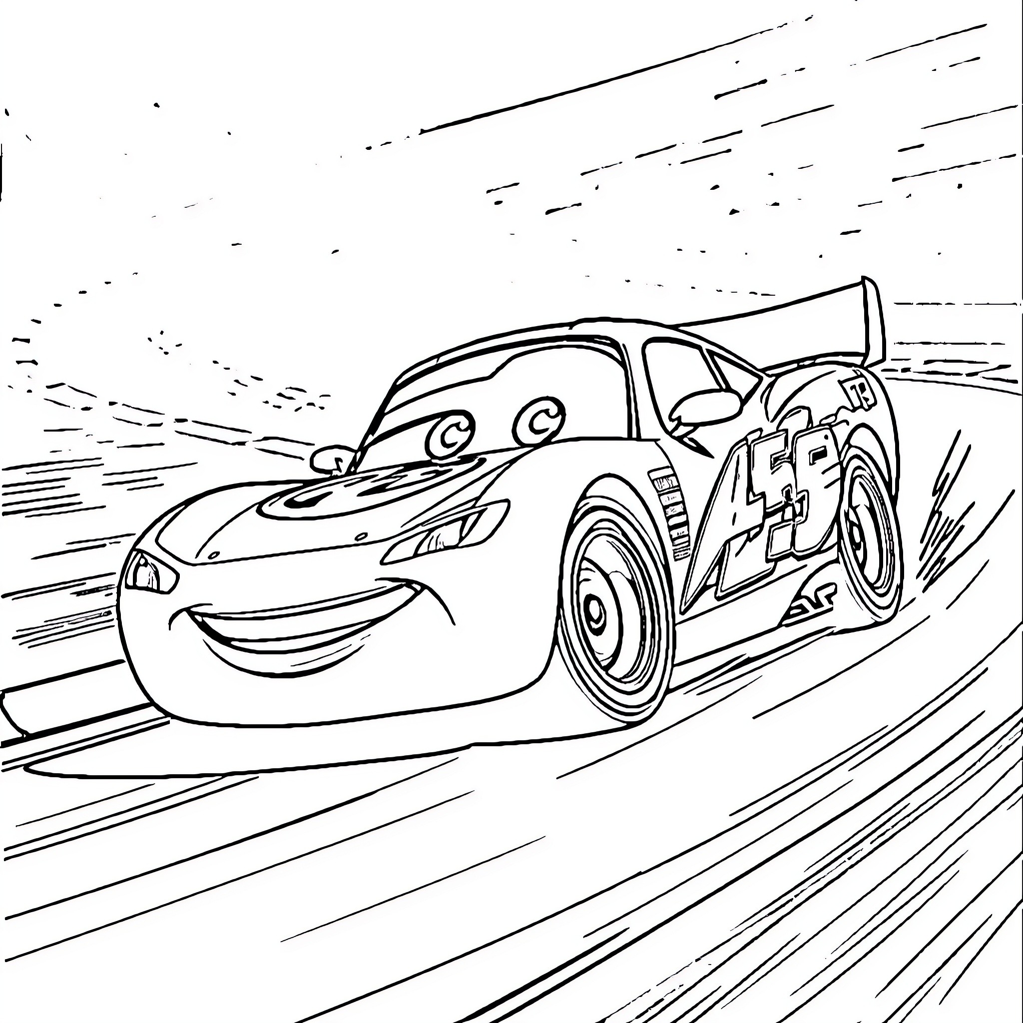 Flash McQueen racing on the track Coloring Page (free black-and-white line drawing printable PDF for all, from beginners to advanced learners, including children, teens, adults, and seniors)