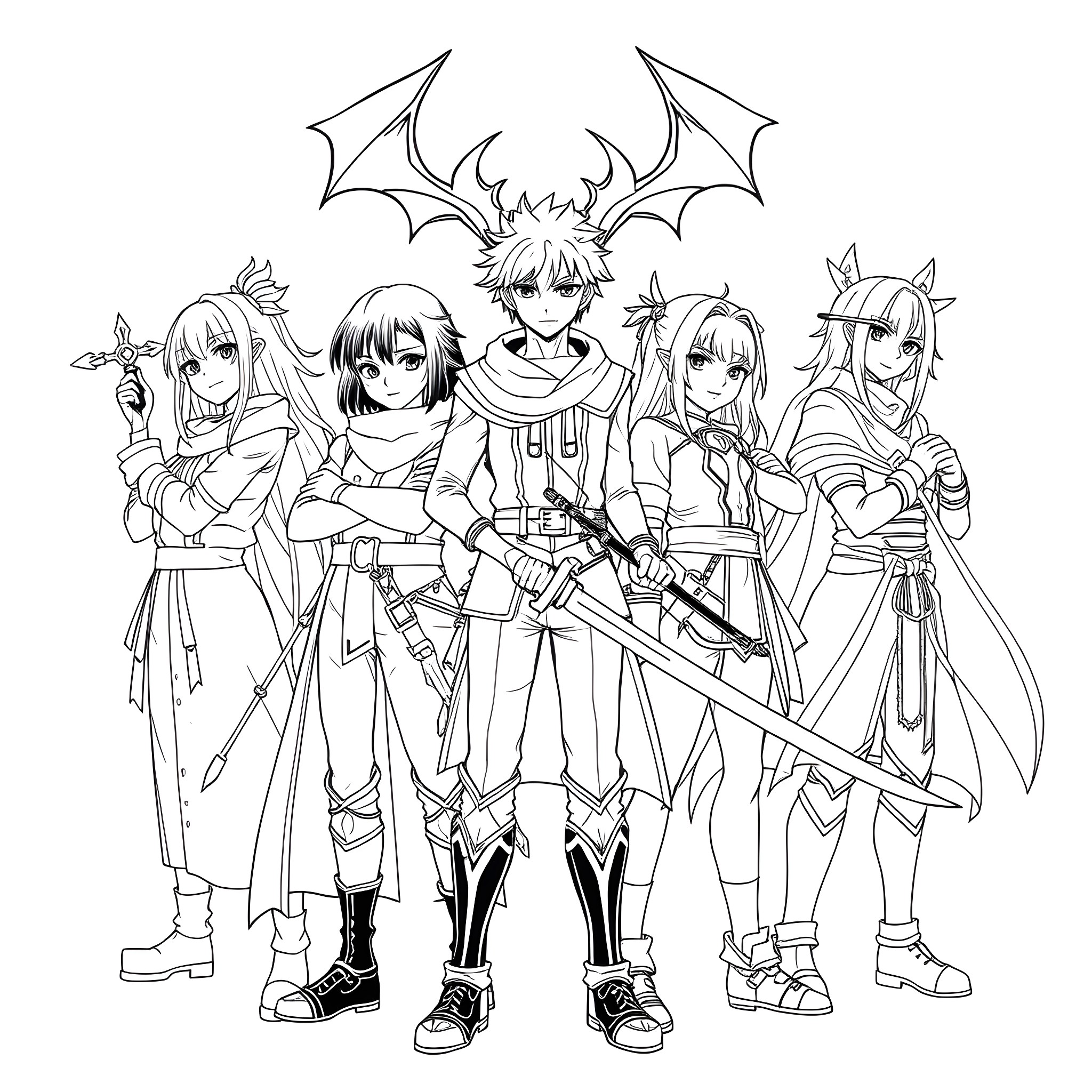 Demon Slayer Protagonists in Action Poses Coloring Page (free black-and-white line drawing printable PDF for all, from beginners to advanced learners, including children, teens, adults, and seniors)