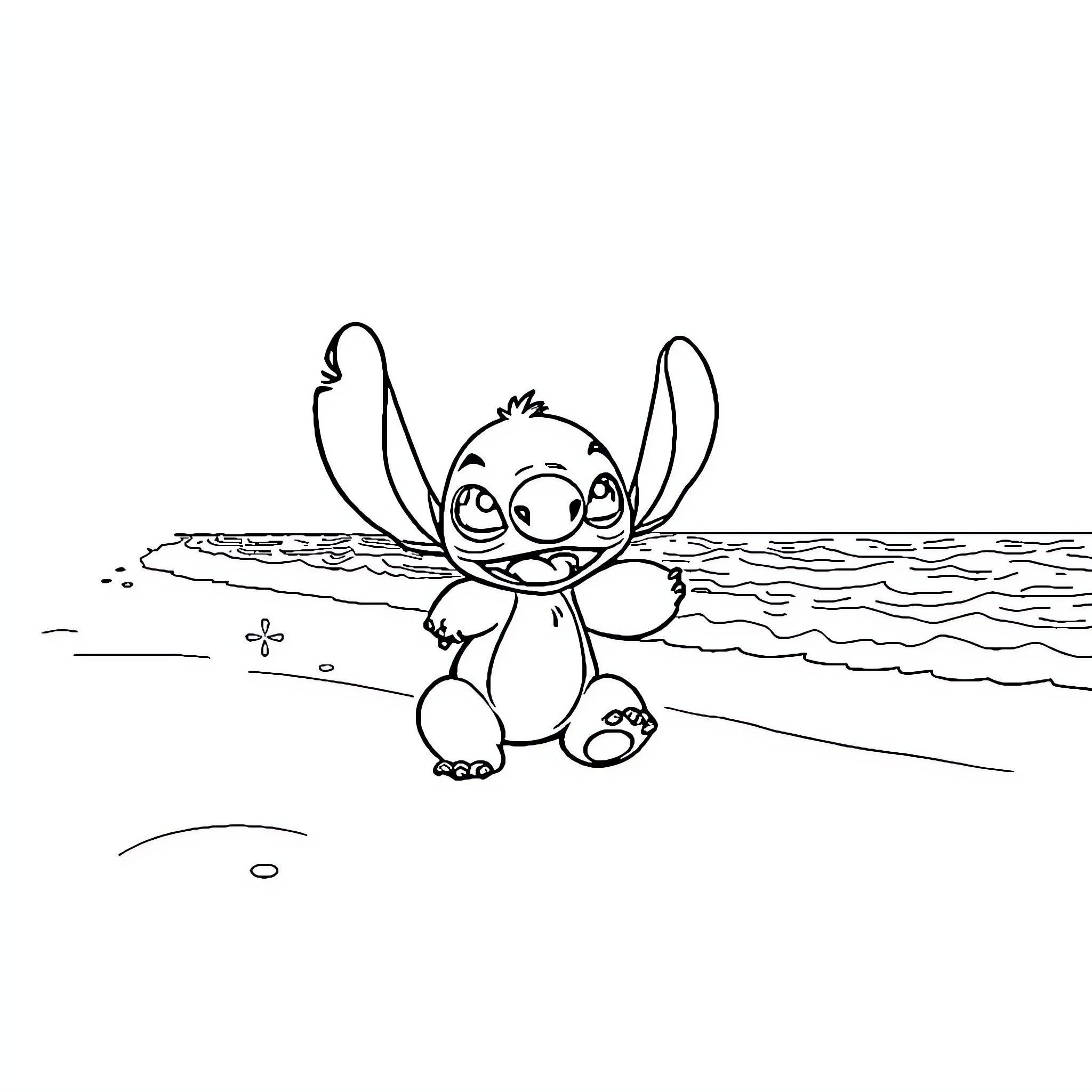 Stitch sitting cheerfully on the beach Coloring Page (free black-and-white line drawing printable PDF for all, from beginners to advanced learners, including children, teens, adults, and seniors)