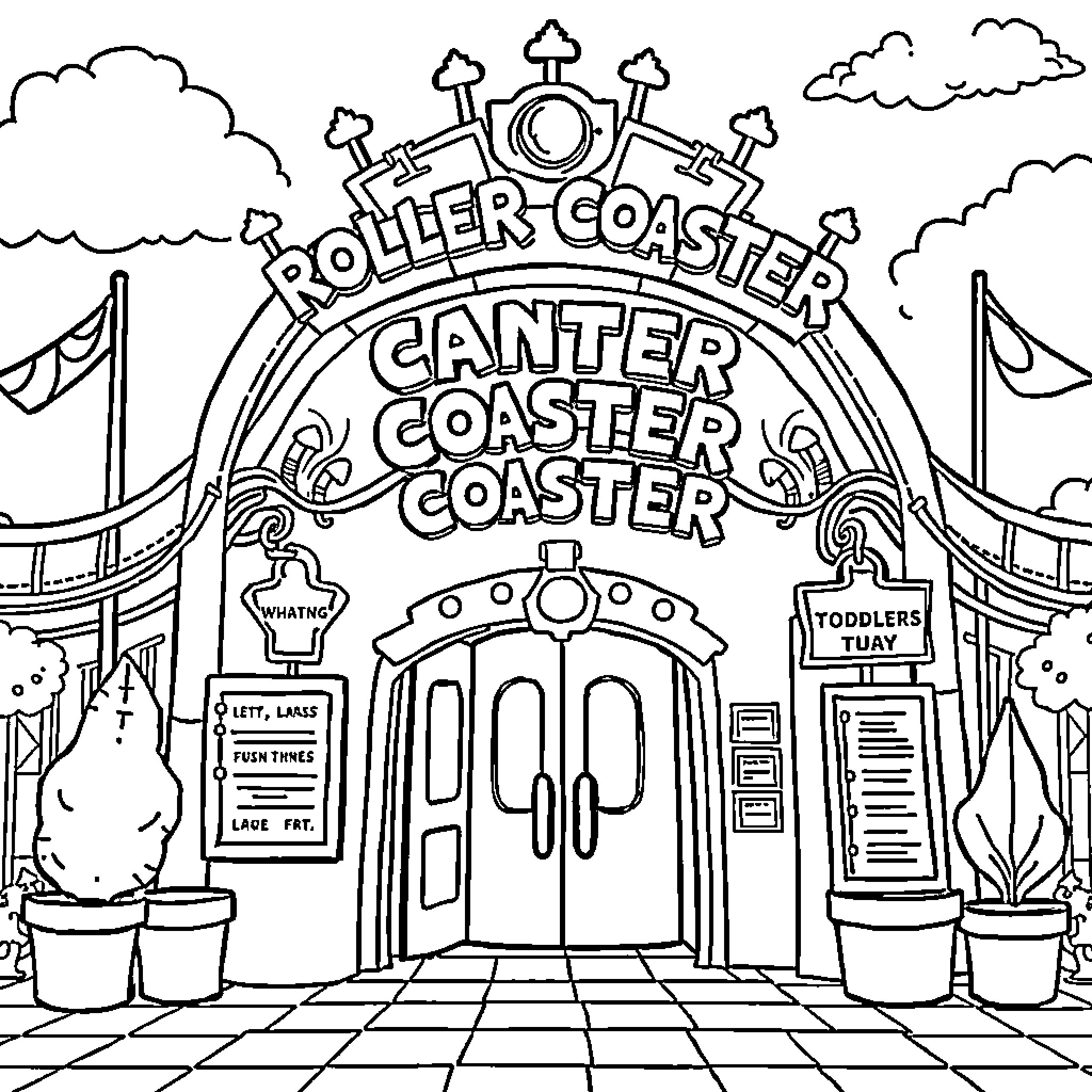 Roller Coaster Ride at the Amusement Park Coloring Page (free black-and-white line drawing printable PDF for all, from beginners to advanced learners, including children, teens, adults, and seniors)