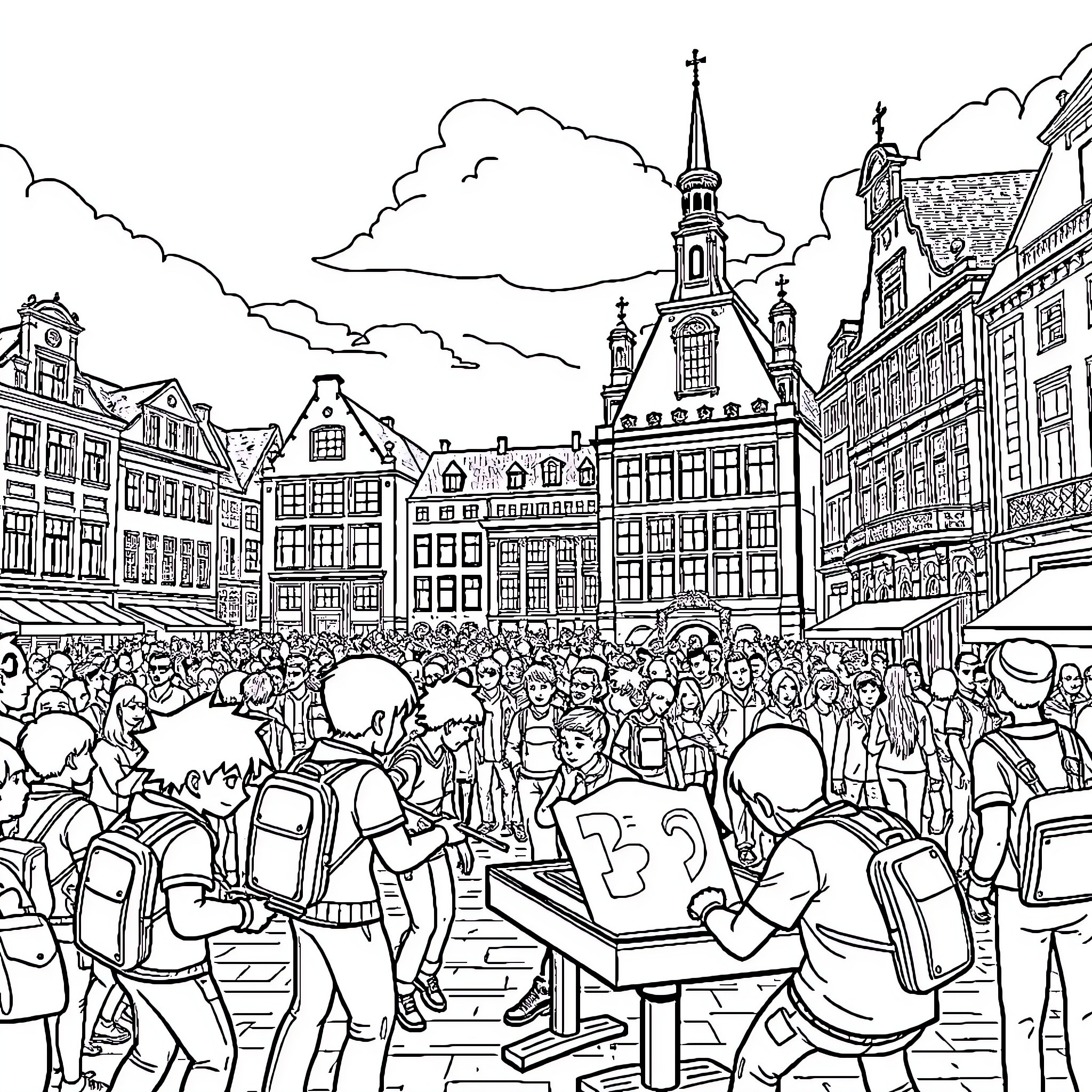 Brawstars: Bustling City Scene with Crowds and Structures Coloring Page (free black-and-white line drawing printable PDF for all, from beginners to advanced learners, including children, teens, adults, and seniors)