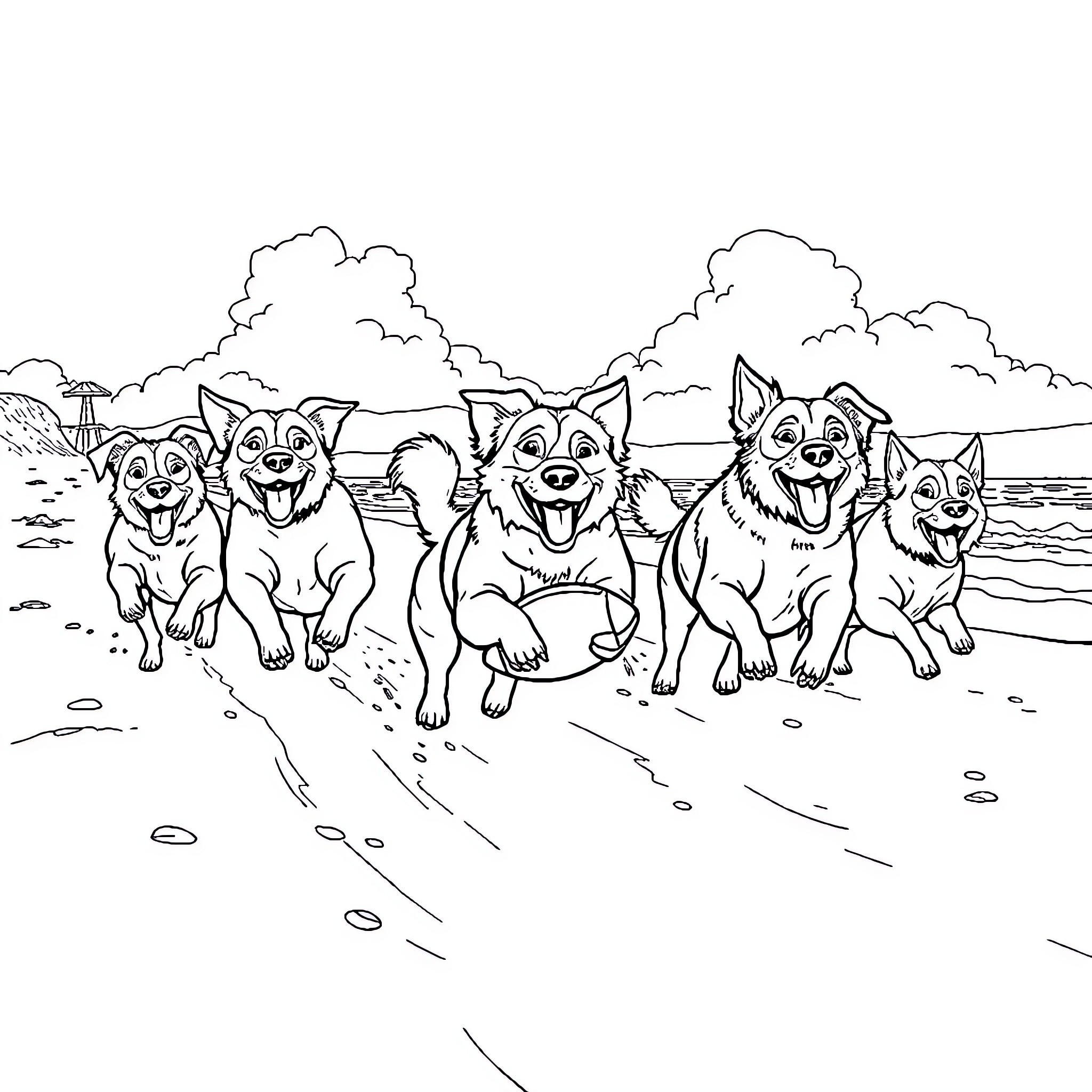 Dogs frolicking happily at the beach Coloring Page (free black-and-white line drawing printable PDF for all, from beginners to advanced learners, including children, teens, adults, and seniors)