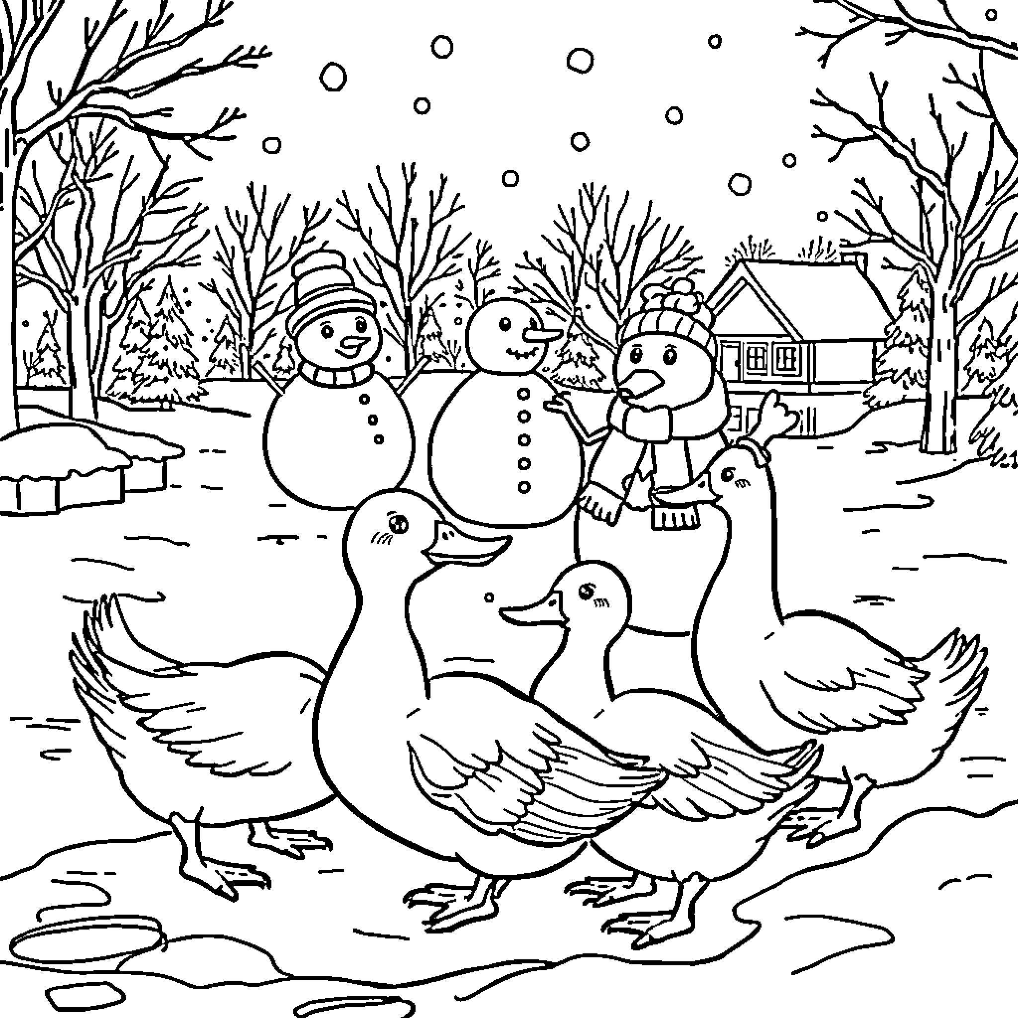 Ducks and Snowmen Enjoying Winter Wonderland Coloring Page (free black-and-white line drawing printable PDF for all, from beginners to advanced learners, including children, teens, adults, and seniors)
