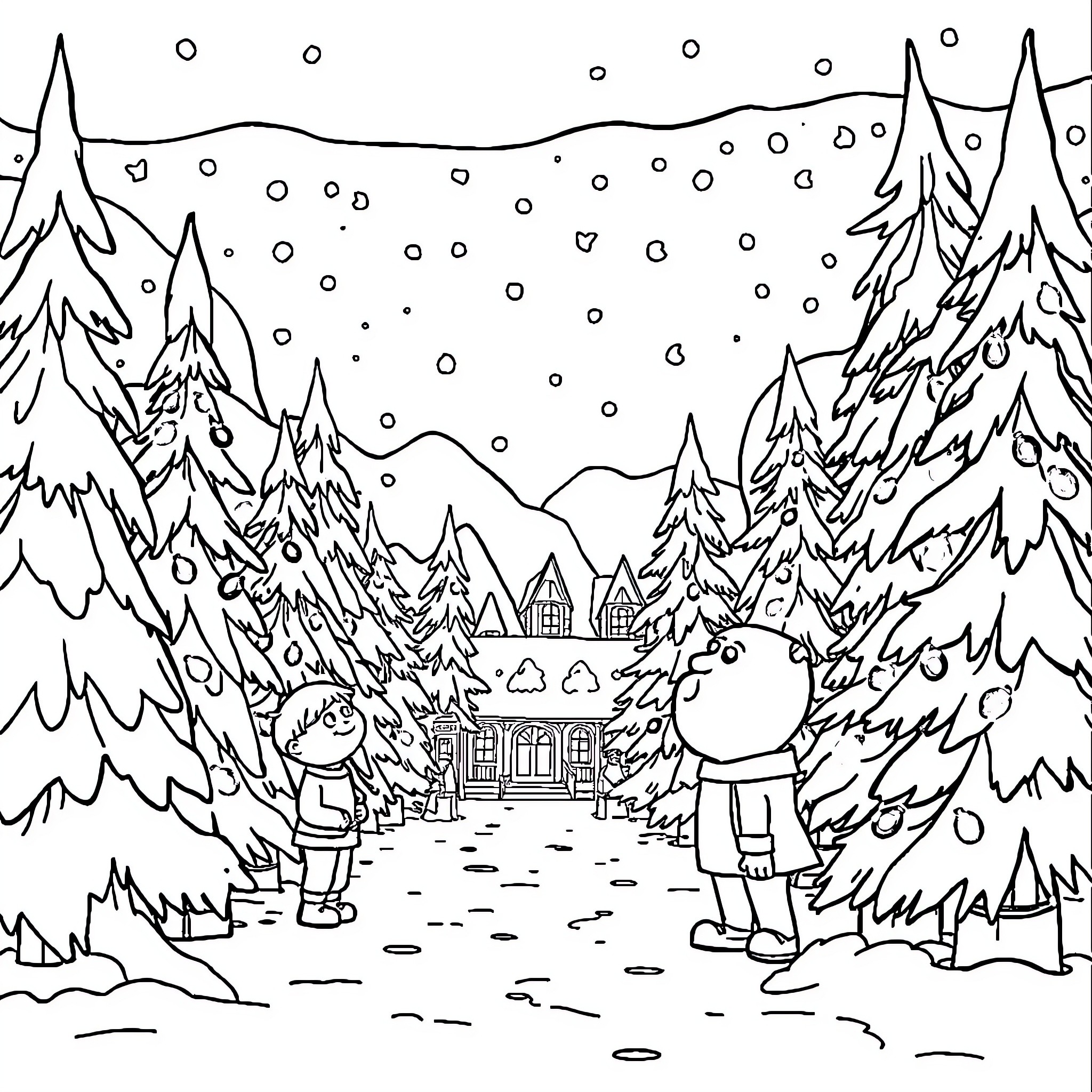 Gravity Falls Winter Wonderland Adventure Coloring Page (free black-and-white line drawing printable PDF for all, from beginners to advanced learners, including children, teens, adults, and seniors)