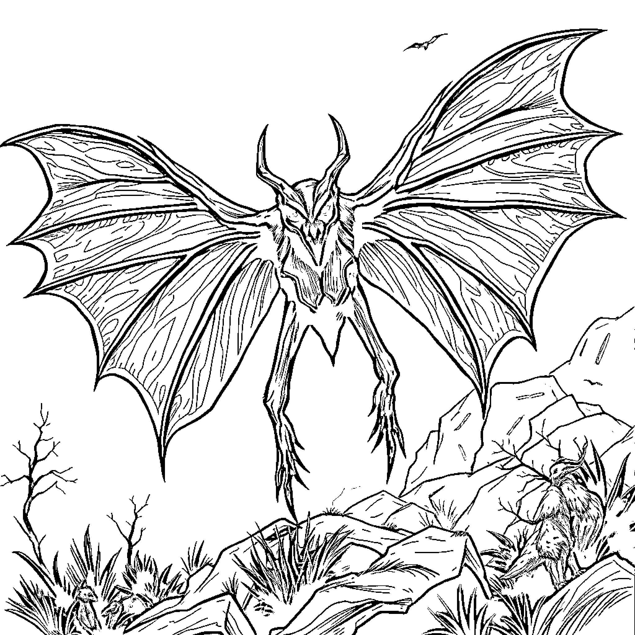 Mothman emerging from the wilderness Coloring Page (free black-and-white line drawing printable PDF for all, from beginners to advanced learners, including children, teens, adults, and seniors)