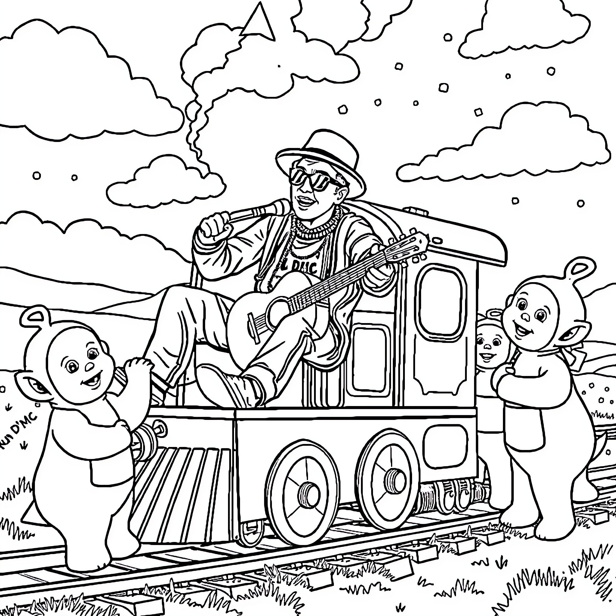 Run DMC performing on a train with cartoon characters Coloring Page (free black-and-white line drawing printable PDF for all, from beginners to advanced learners, including children, teens, adults, and seniors)