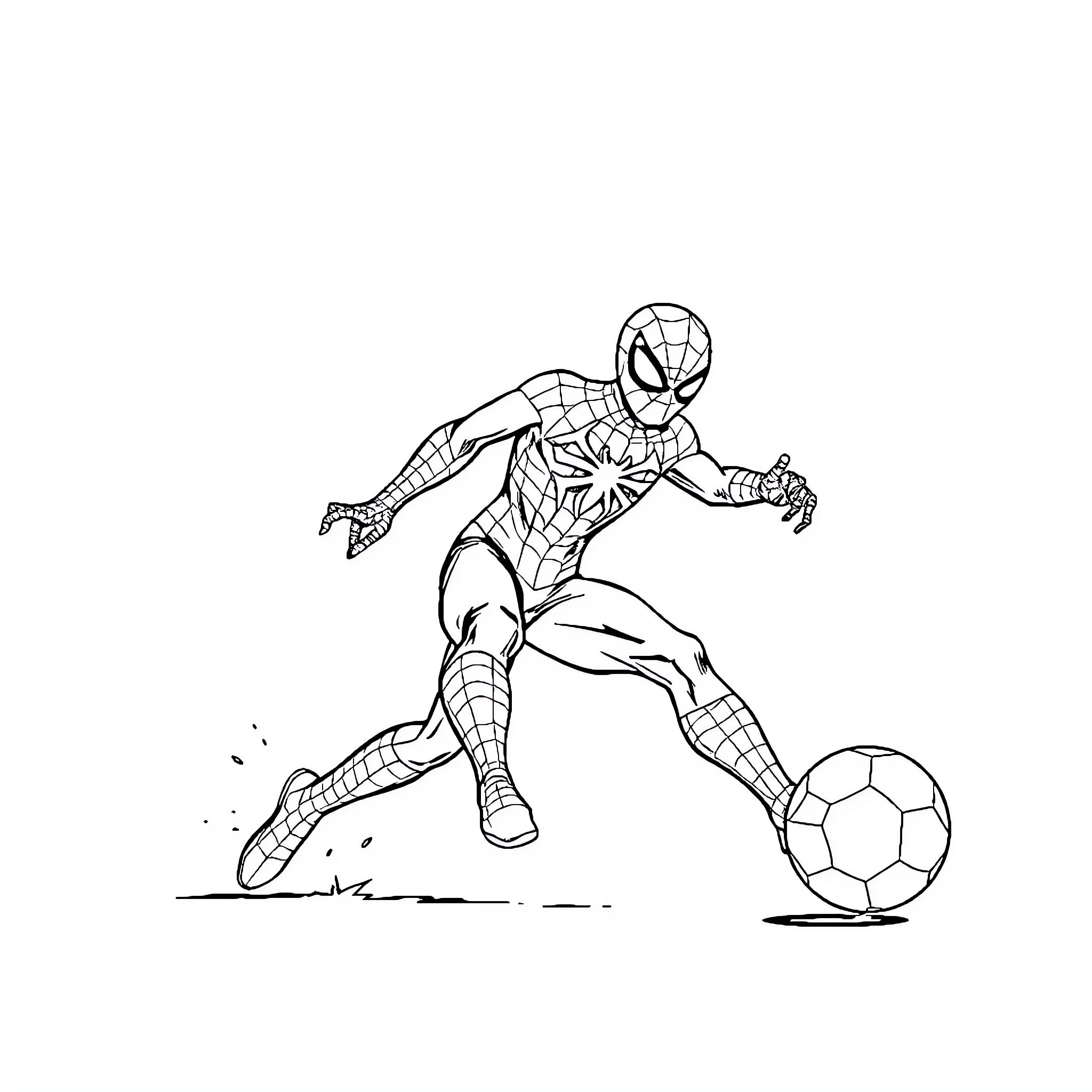 Spiderman playing with a soccer ball Coloring Page (free black-and-white line drawing printable PDF for all, from beginners to advanced learners, including children, teens, adults, and seniors)