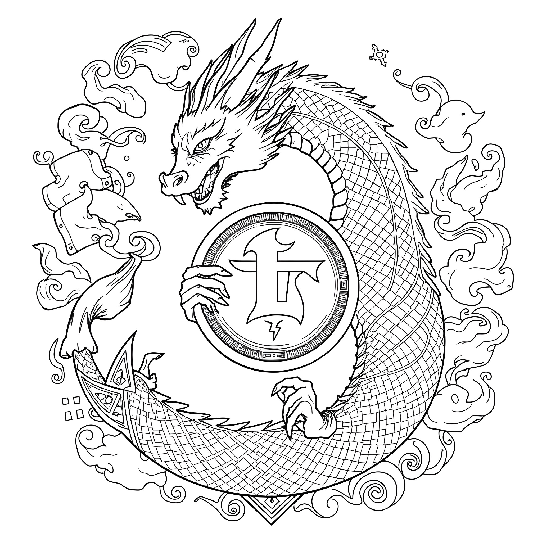 Dragon Guarding a Mystical Symbol in Swirling Clouds Coloring Page (free black-and-white line drawing printable PDF for all, from beginners to advanced learners, including children, teens, adults, and seniors)