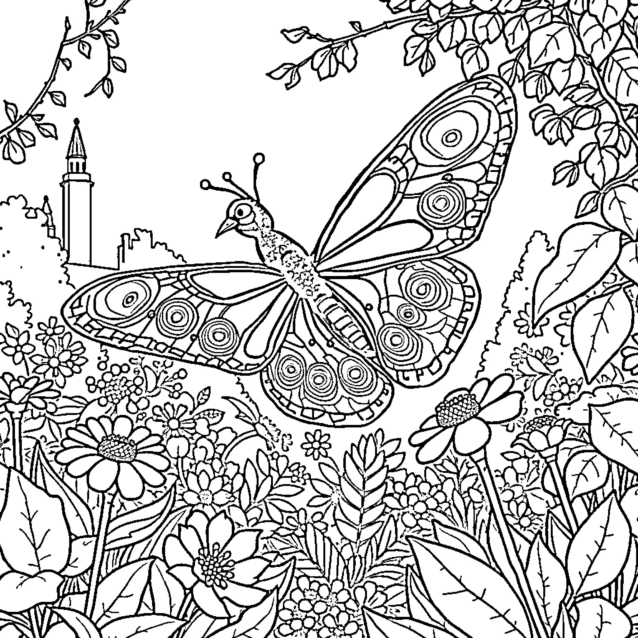 Butterfly in a Whimsical Garden Coloring Page (free black-and-white line drawing printable PDF for all, from beginners to advanced learners, including children, teens, adults, and seniors)