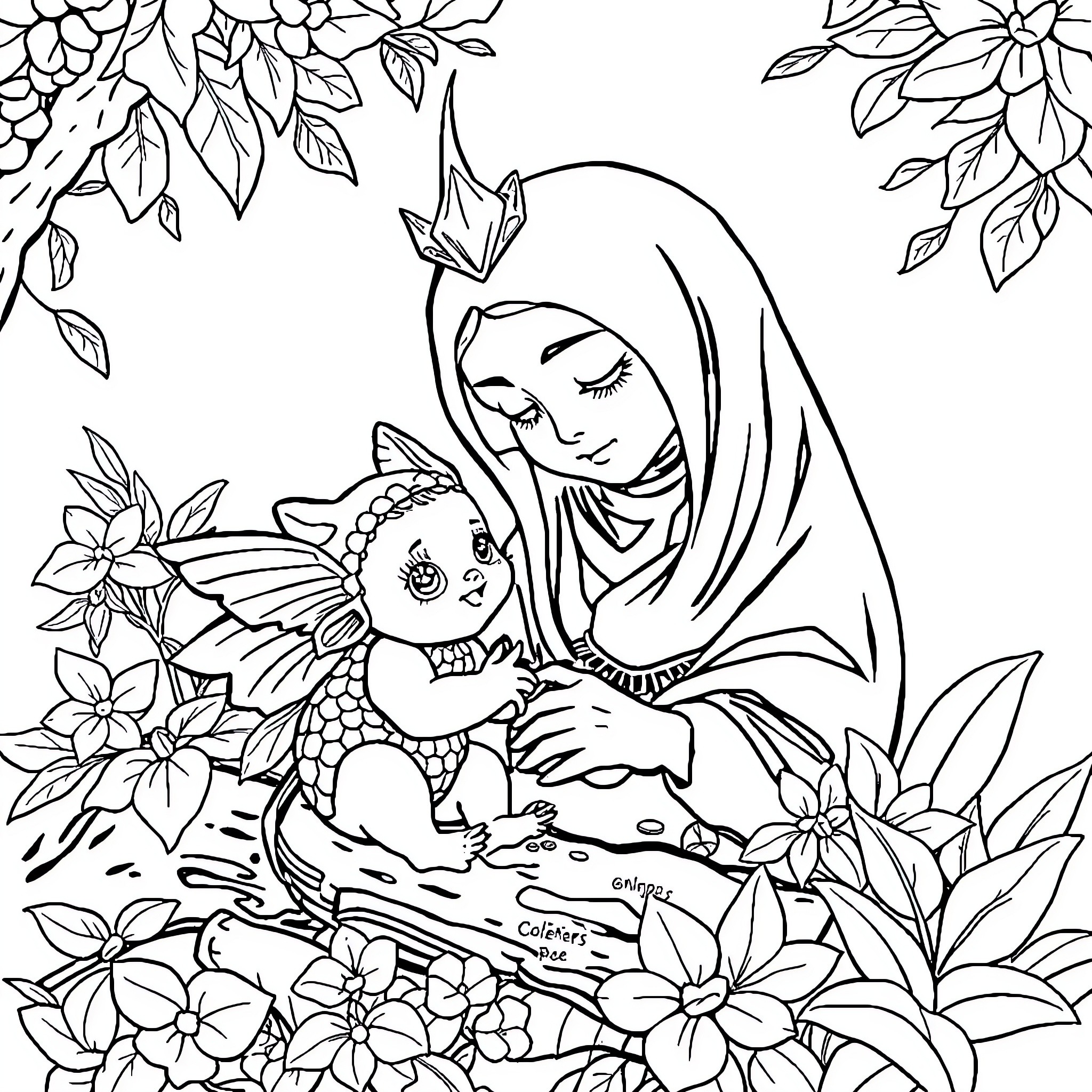 Bidadari comforting a sleeping creature in a floral garden Coloring Page (free black-and-white line drawing printable PDF for all, from beginners to advanced learners, including children, teens, adults, and seniors)