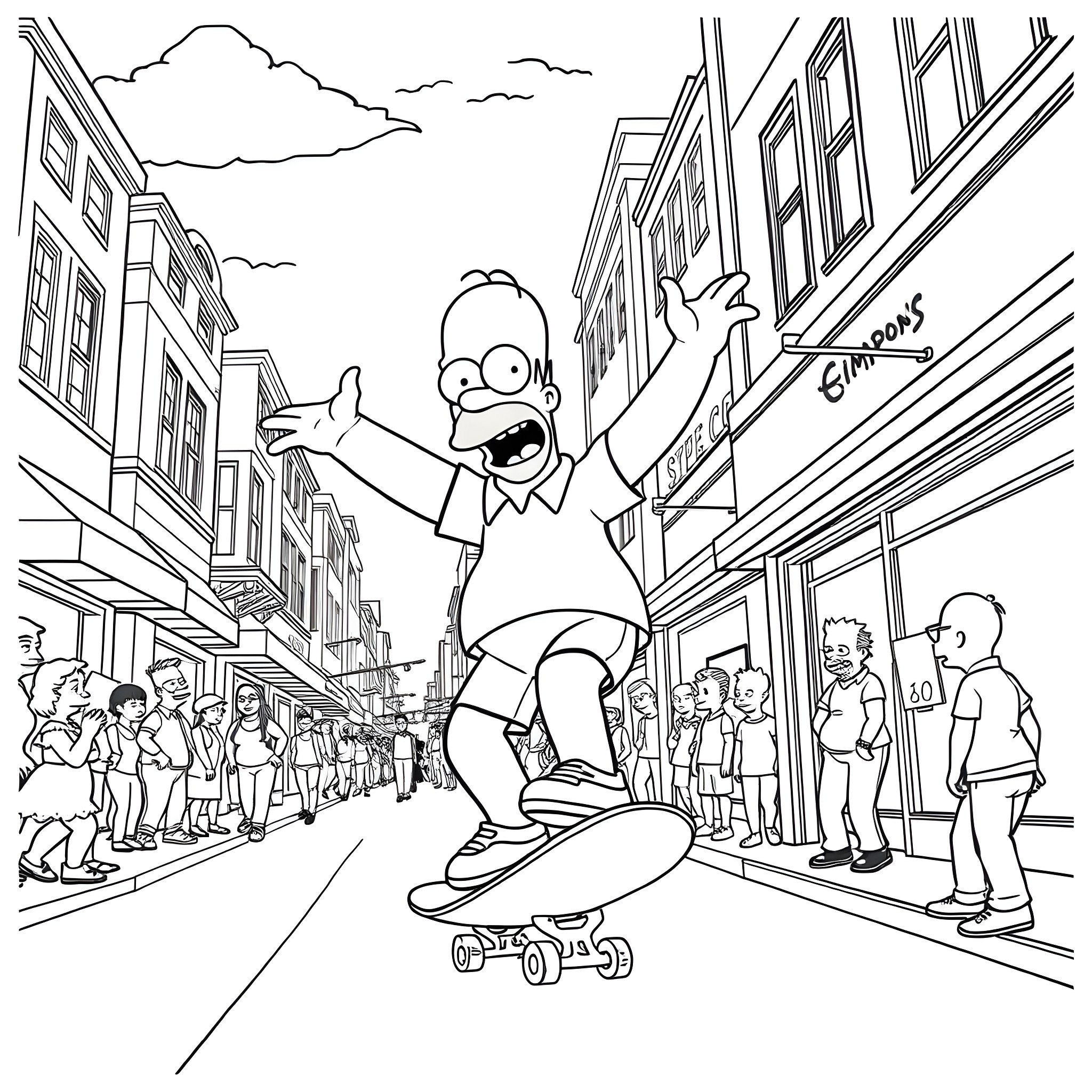 Homer Simpson skateboarding through the city Coloring Page (free black-and-white line drawing printable PDF for all, from beginners to advanced learners, including children, teens, adults, and seniors)