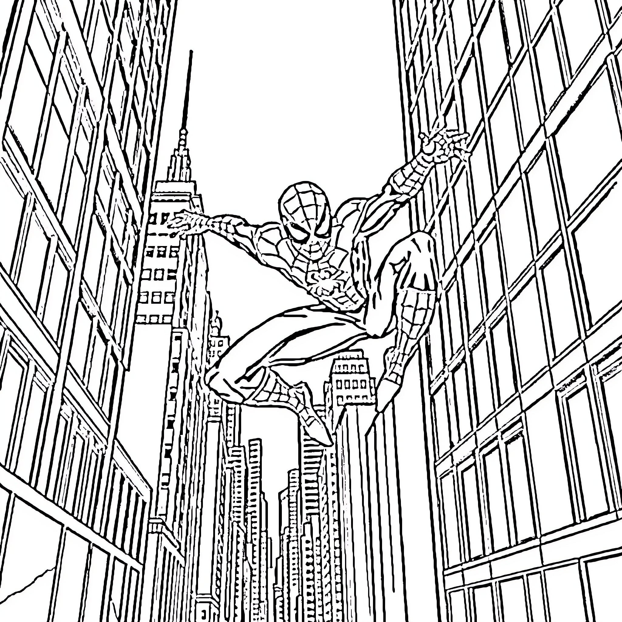 Spiderman swinging through the skyscrapers of New York City Coloring Page (free black-and-white line drawing printable PDF for all, from beginners to advanced learners, including children, teens, adults, and seniors)