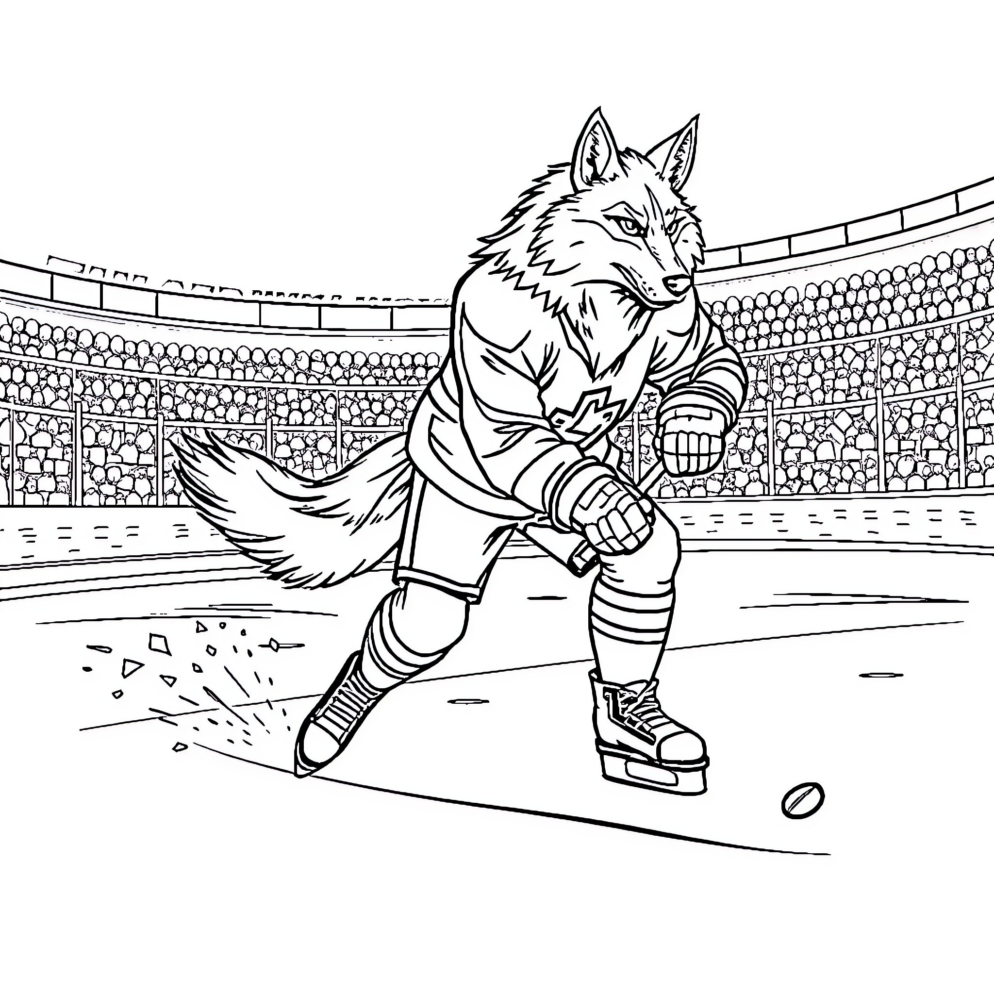 Wolf playing hockey in a hockey stadium Coloring Page (free black-and-white line drawing printable PDF for all, from beginners to advanced learners, including children, teens, adults, and seniors)