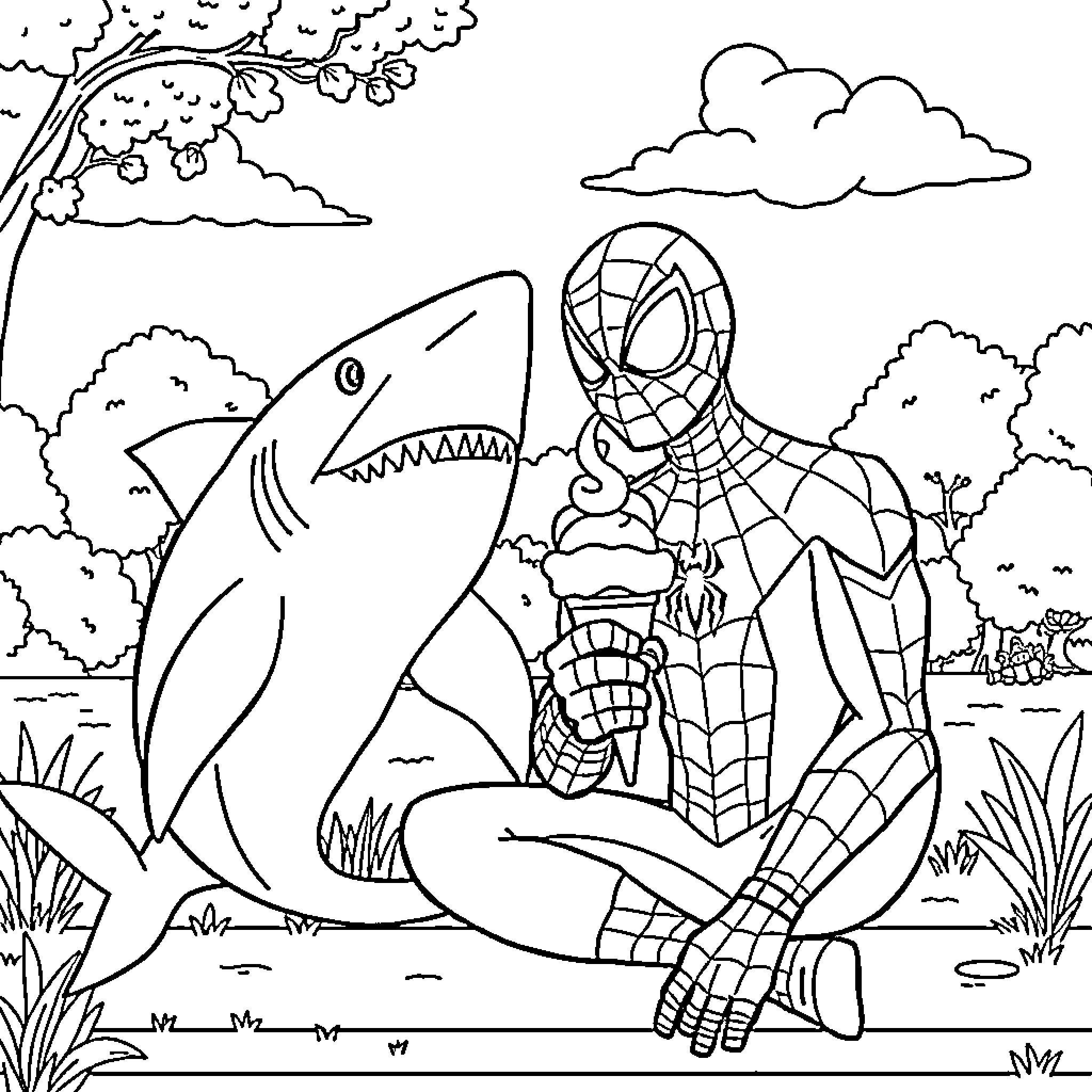 Spiderman battles a giant shark in the wilderness Coloring Page (free black-and-white line drawing printable PDF for all, from beginners to advanced learners, including children, teens, adults, and seniors)