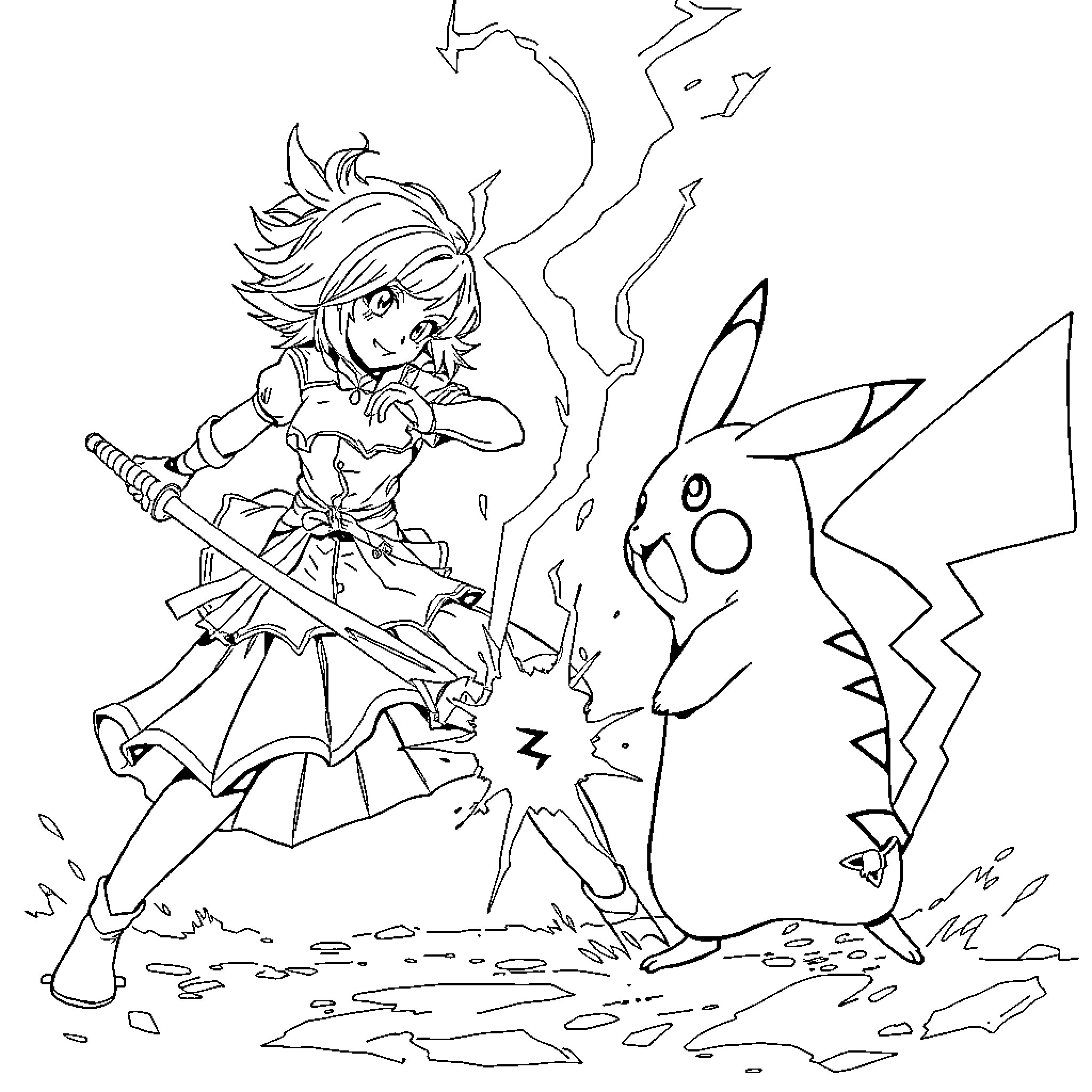 Ciri battles alongside Pikachu in a dynamic scene Coloring Page (free black-and-white line drawing printable PDF for all, from beginners to advanced learners, including children, teens, adults, and seniors)