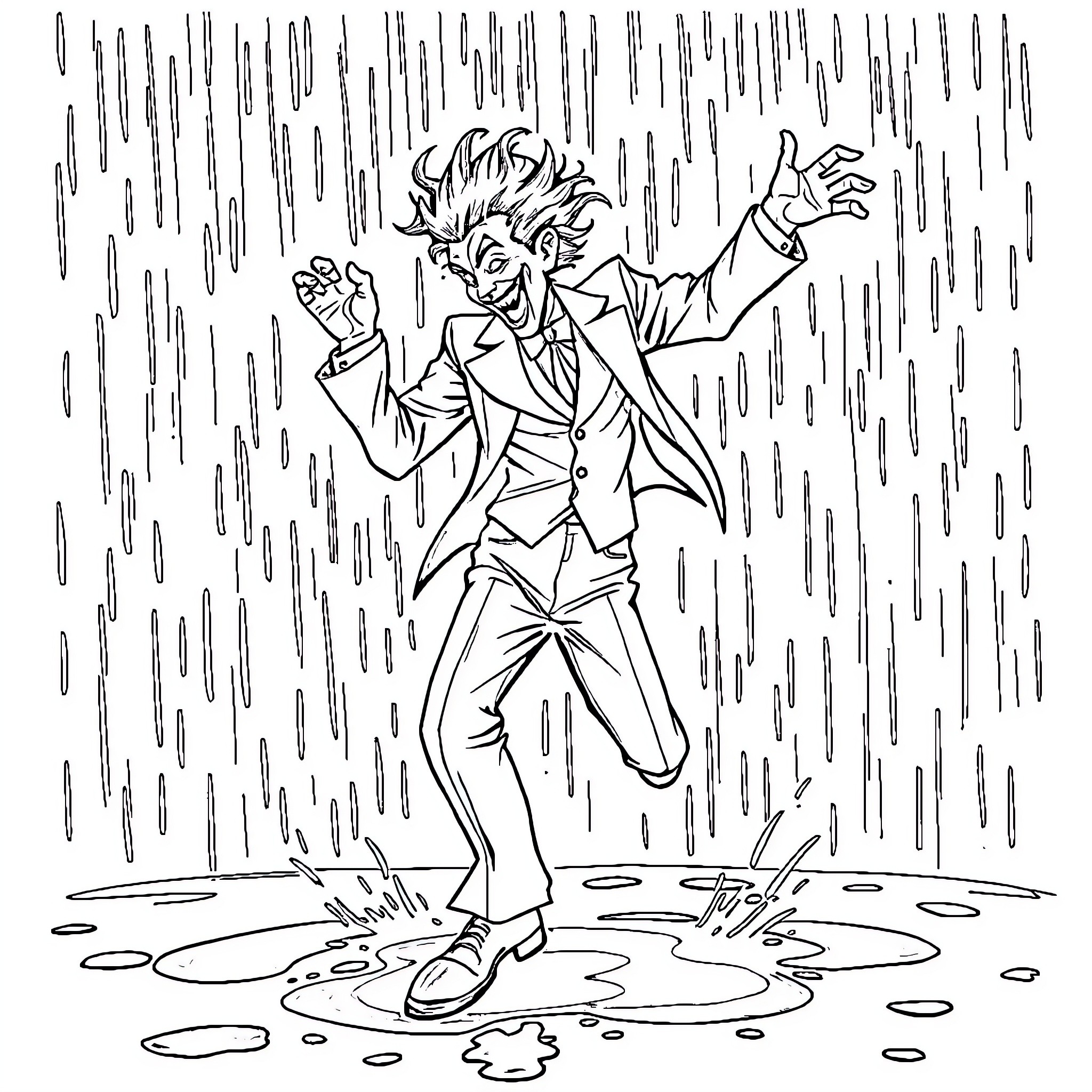 Joker dancing with wild exuberance in the rain Coloring Page (free black-and-white line drawing printable PDF for all, from beginners to advanced learners, including children, teens, adults, and seniors)